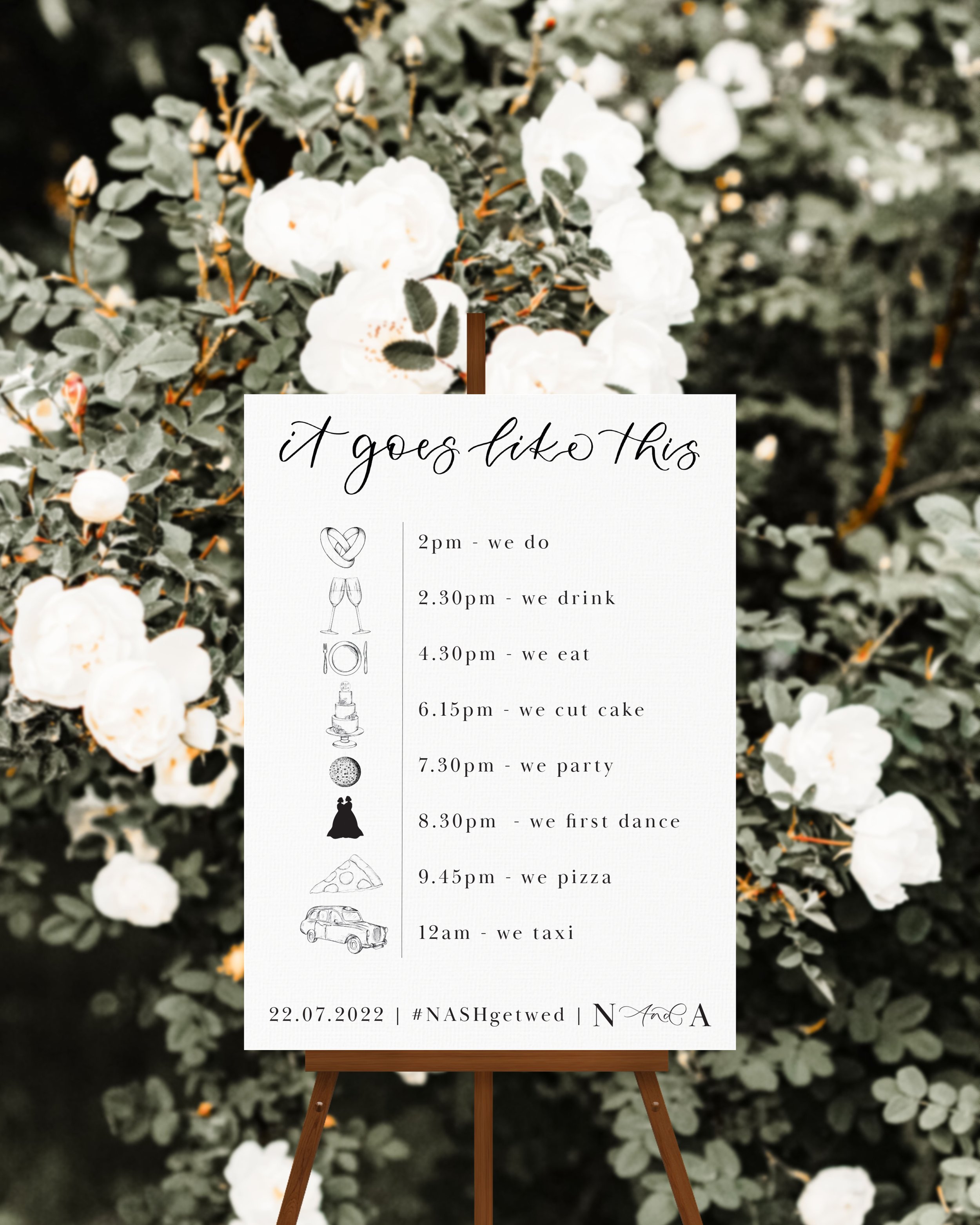 Order of the sign - It goes like this - illustrated wedding timeline - Illustrated order of the day Monochrome minimalist sign.jpg