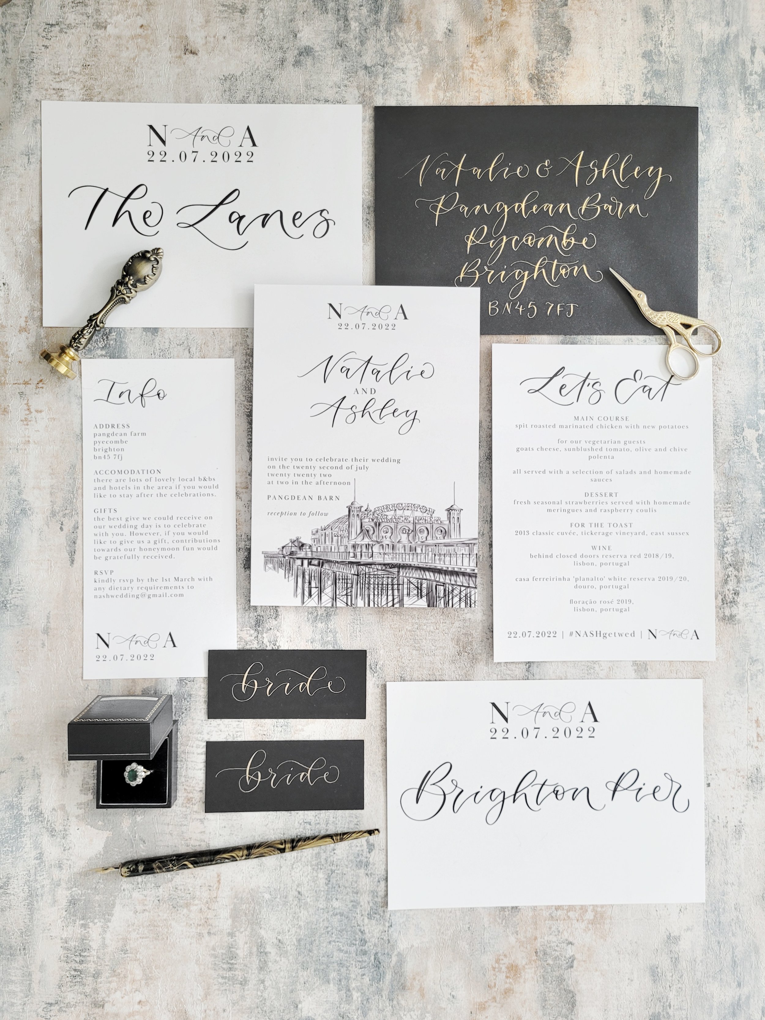 Brighton wedding stationery with pier illustration and modern calligraphy - monochrome minimalist invitation set.jpeg