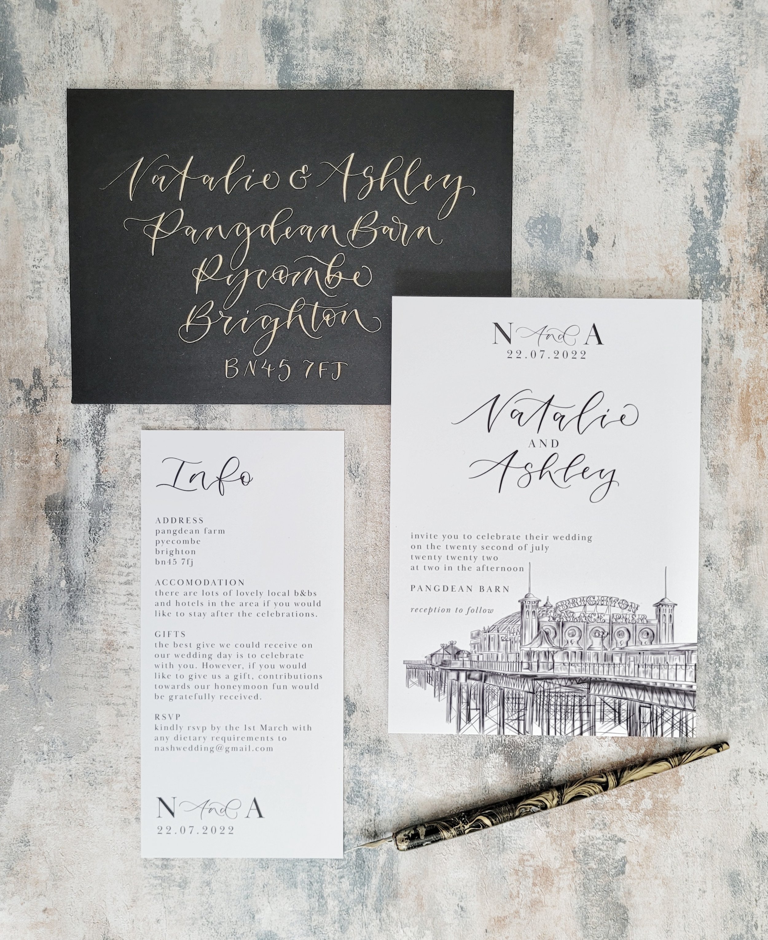 Brighton wedding stationery with pier illustration and modern calligraphy - monochrome minimalist invitation set - invitation calligraphy envelope and information details card.jpeg
