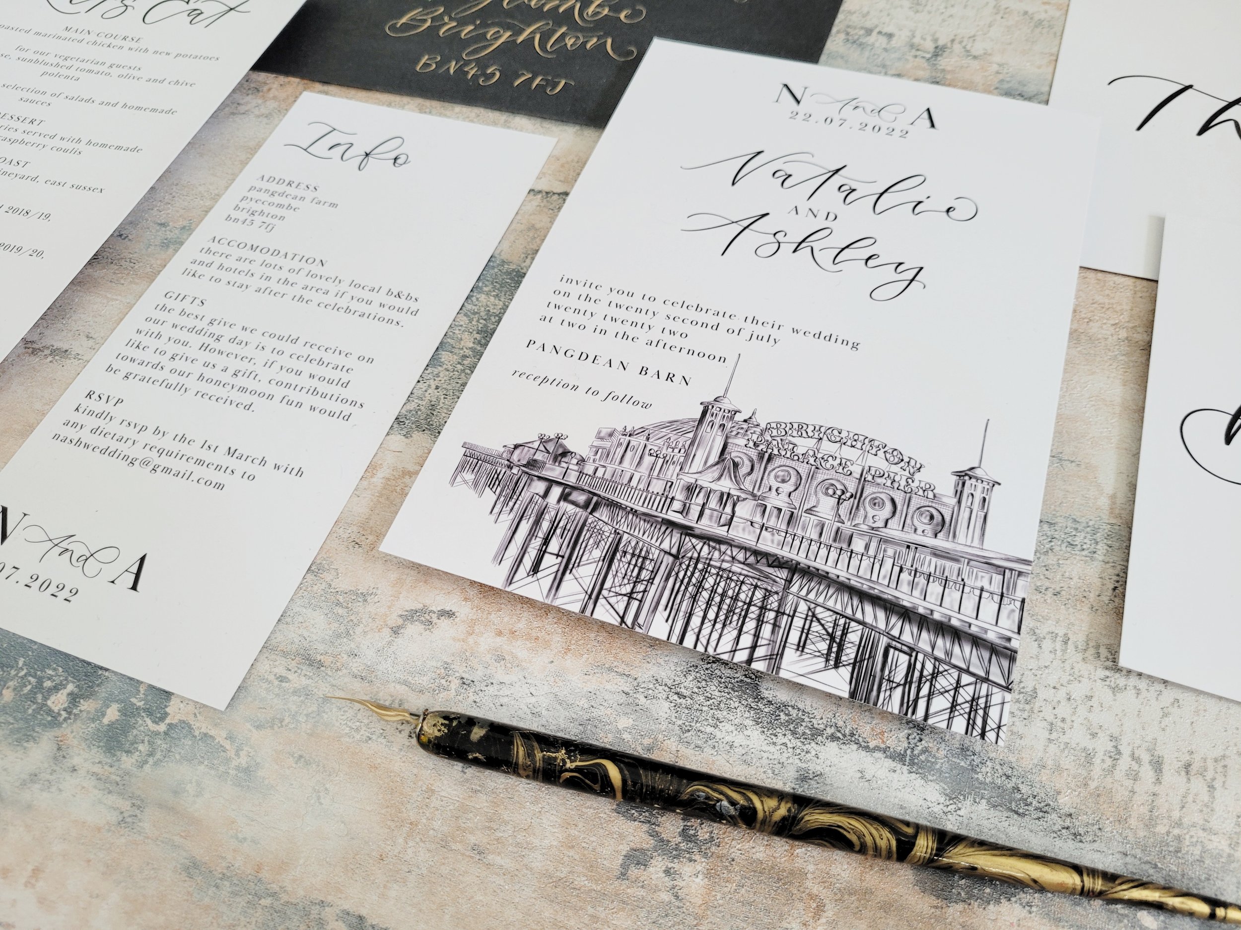 Brighton wedding stationery with pier illustration and modern calligraphy - monochrome minimalist invitations.jpeg