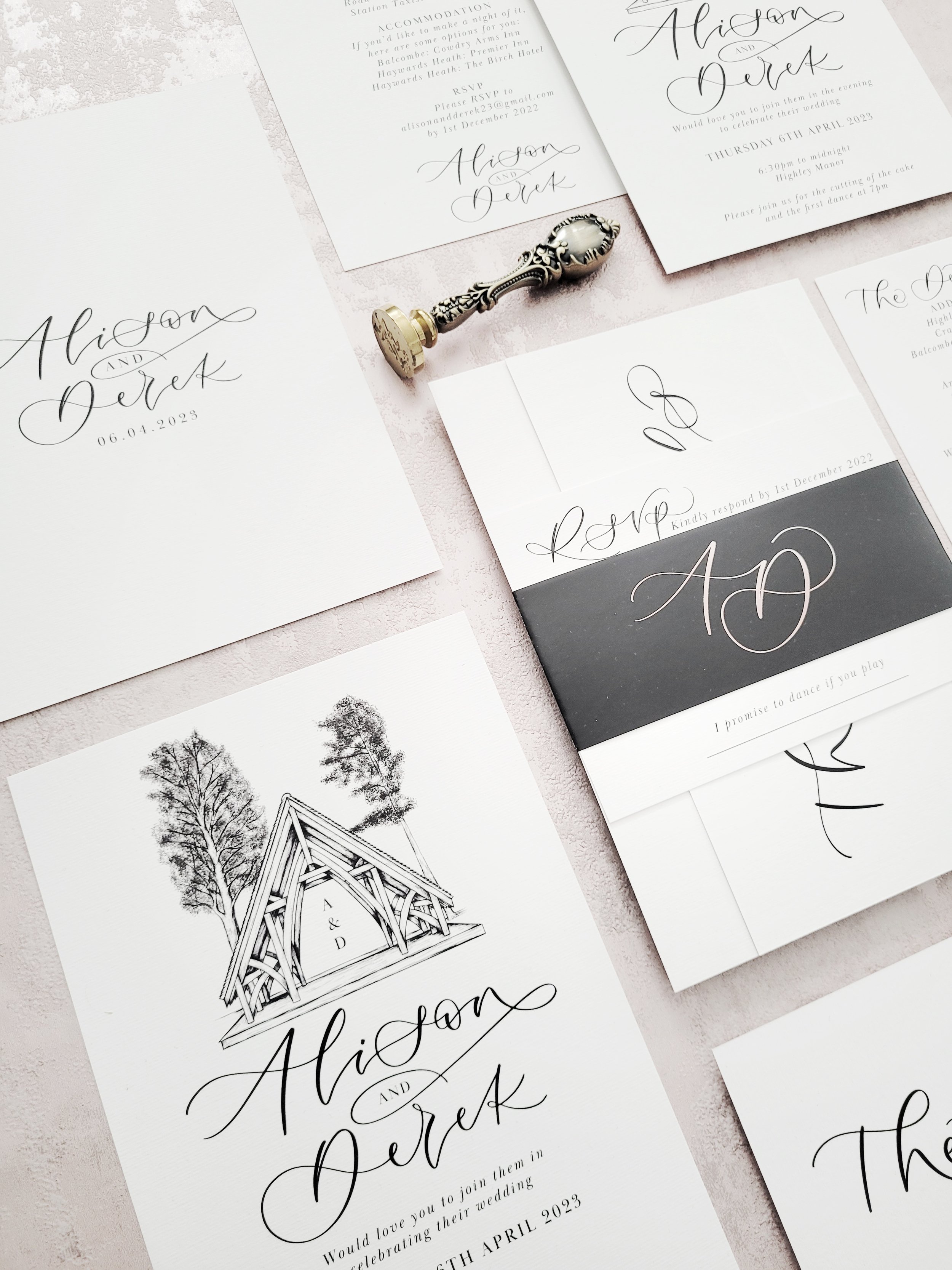 Highley Manor wedding stationery with venue illustration and modern calligraphy - monochrome minimalist invitation set - invitation calligraphy envelope and information details card.jpeg