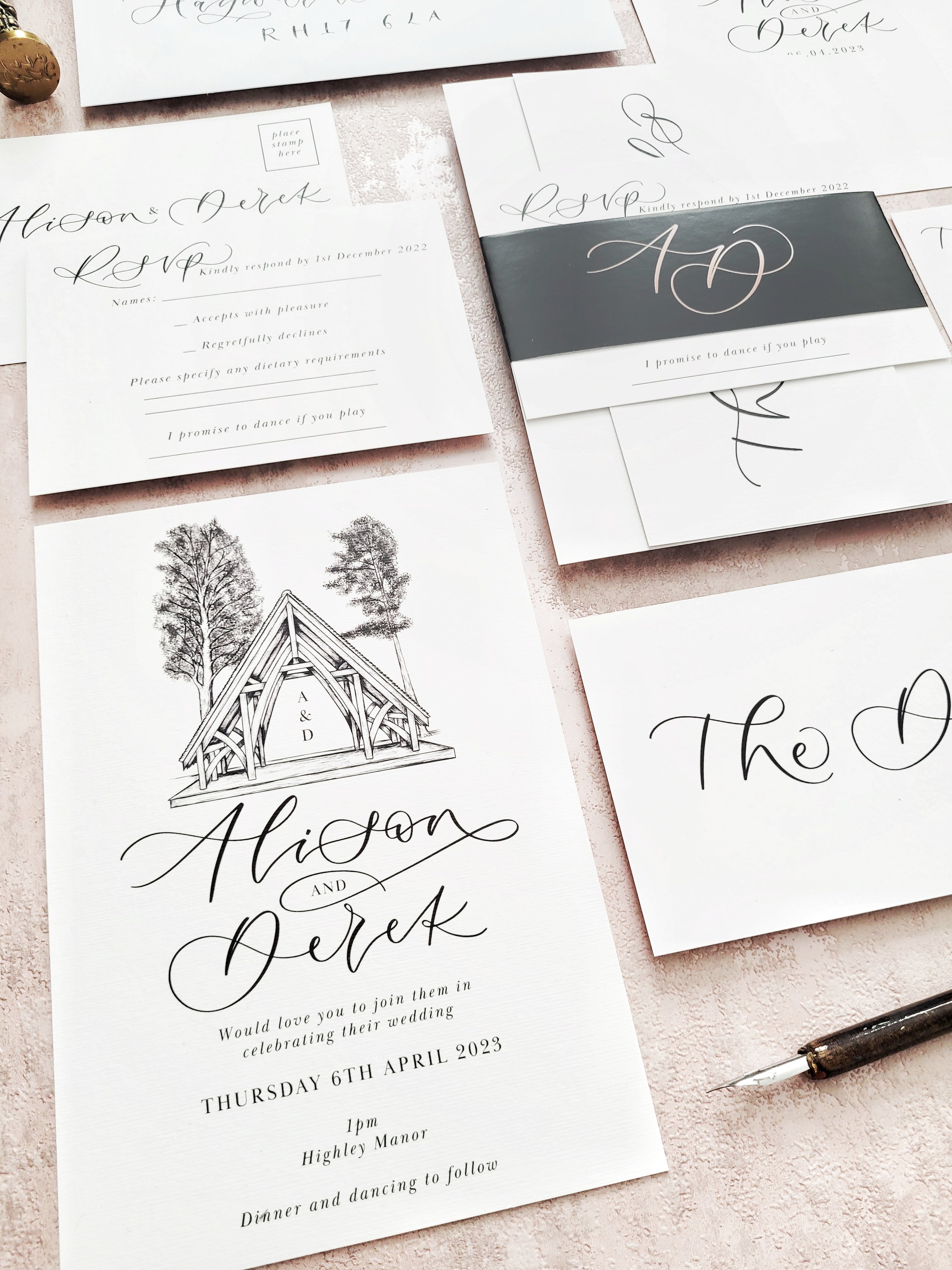 Highley Manor wedding stationery with venue illustration and modern calligraphy - monochrome minimalist invitation set - invitation set with belly band and details card.jpeg