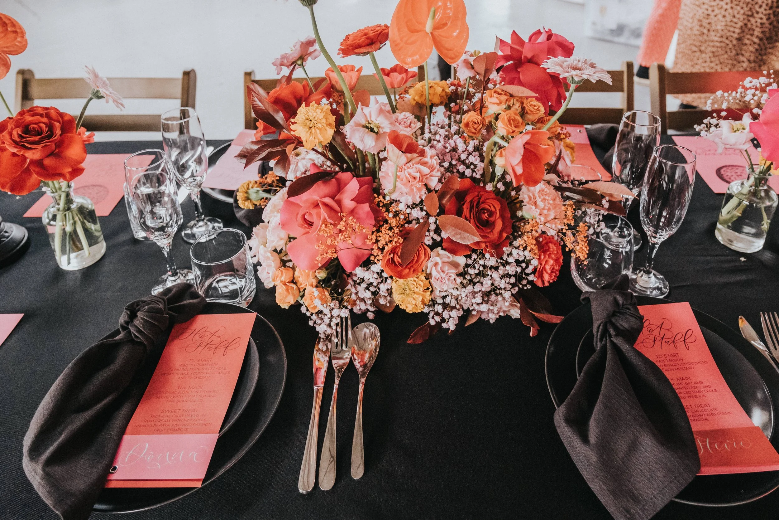Disco themed wedding stationery with pink, black, grey and red colour scheme - disco ball wedding - layered place cards and menus hot pink and red with calligraphy placecards.jpg