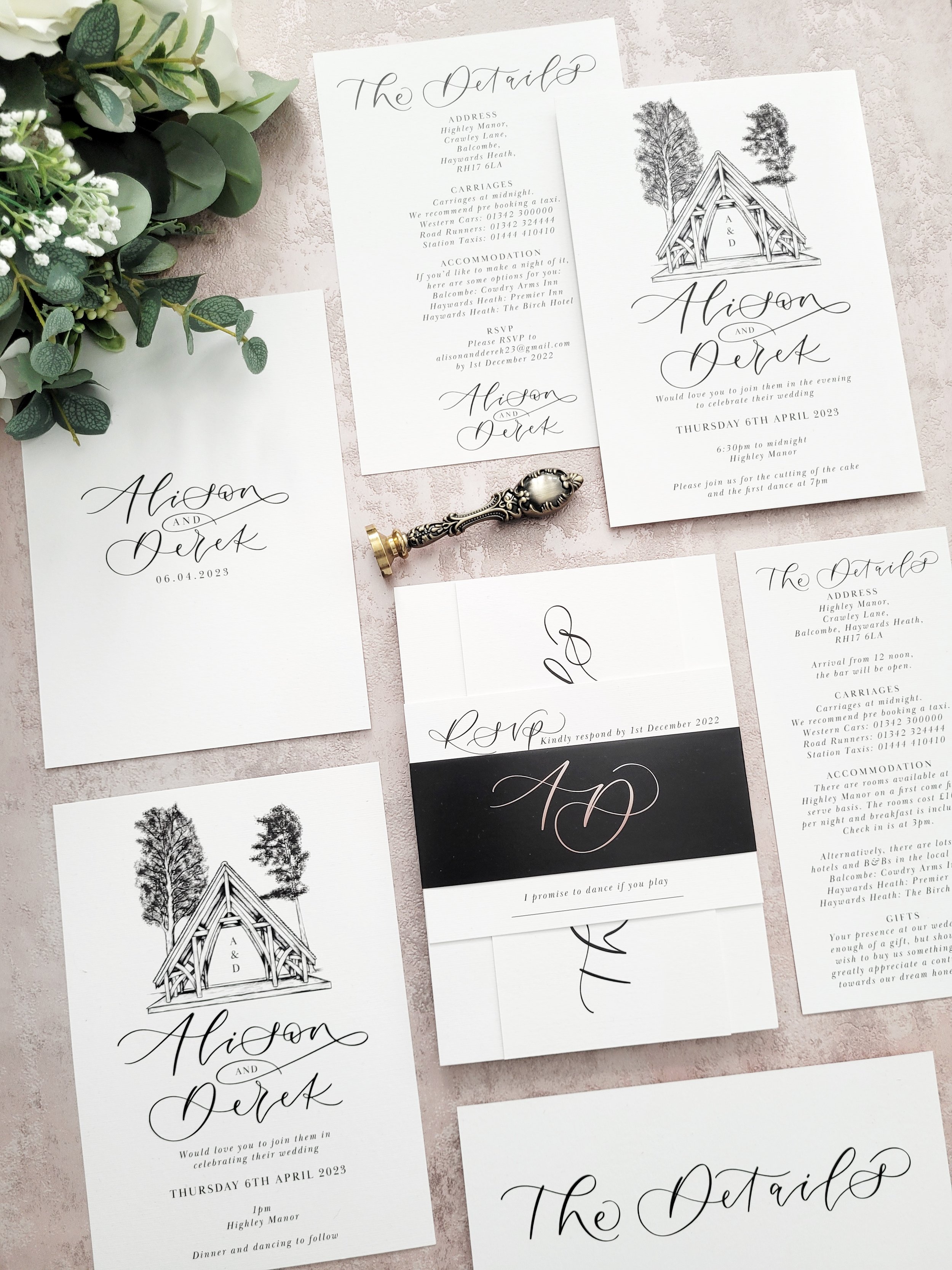 Highley Manor wedding stationery with venue illustration and modern calligraphy - monochrome minimalist invitation set - modern invitations.jpeg