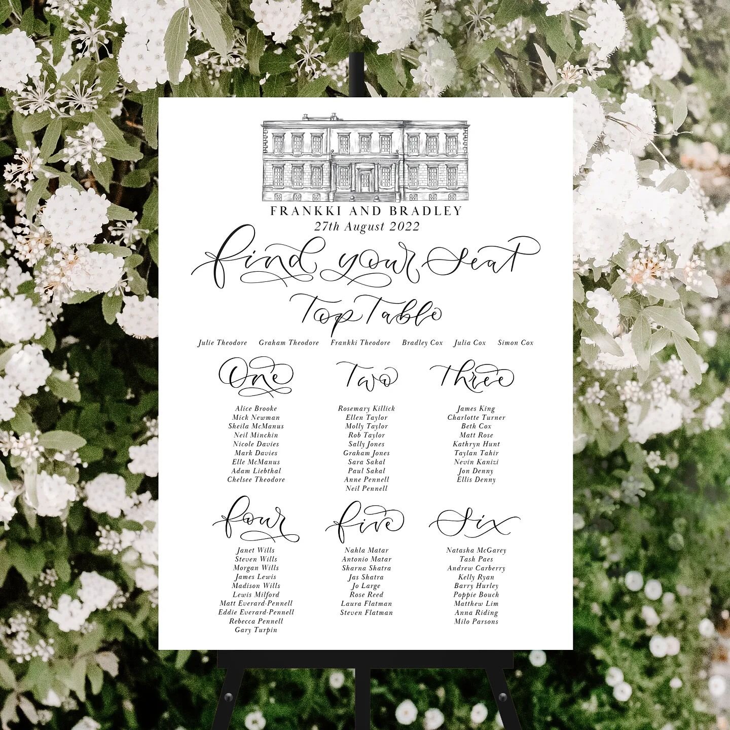Find your seat 🖤 
F &amp; B opted for a classic table plan to match their monochrome stationery. 
They chose to showcase their Buxted Park illustration again too, and why not!? It's a gorgeous venue.
I love it when couples have a theme for their tab