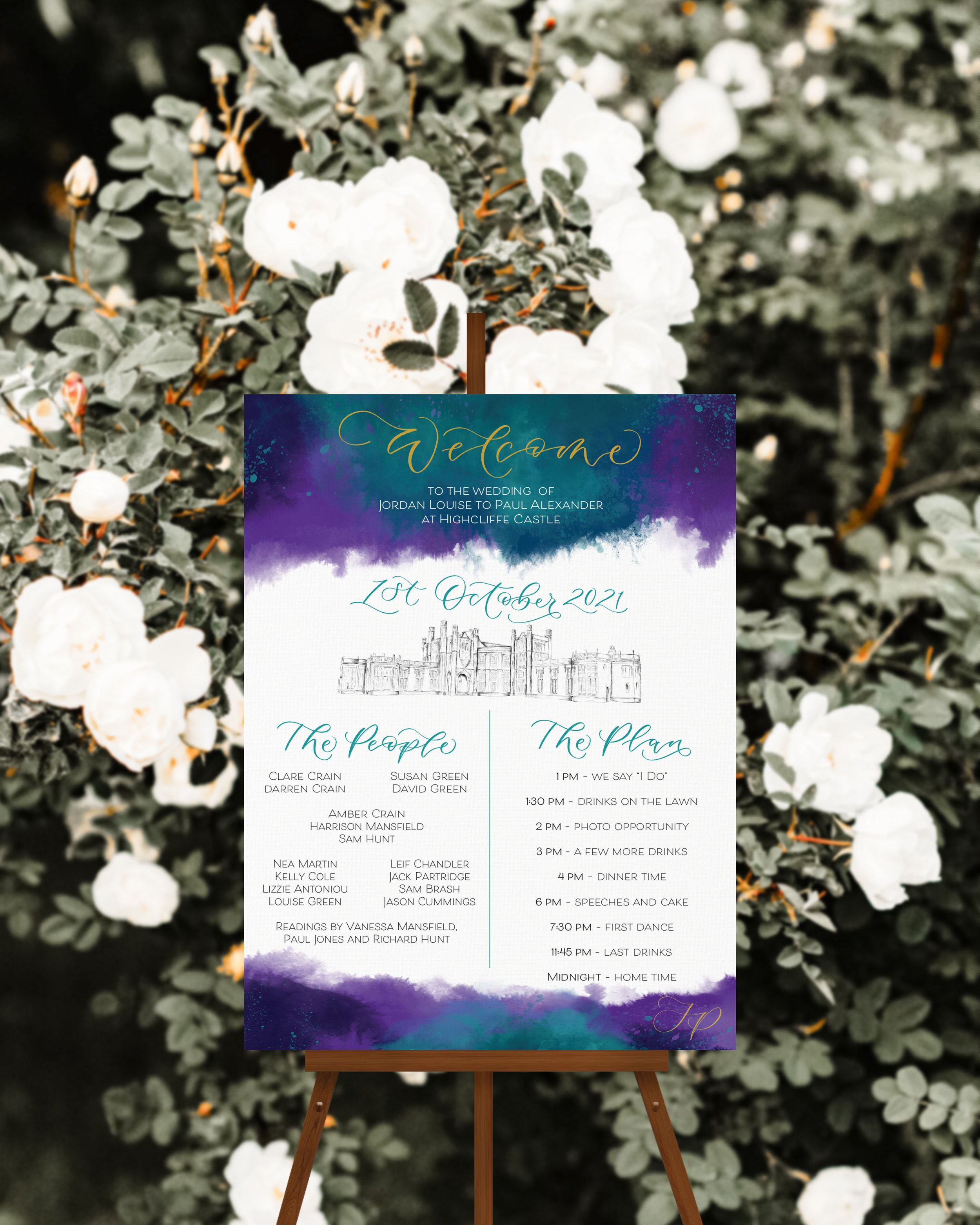Highcliffe Hotel wedding sign - wedding welcome sign - colourful watercolour wedding signage with venue drawing.jpg