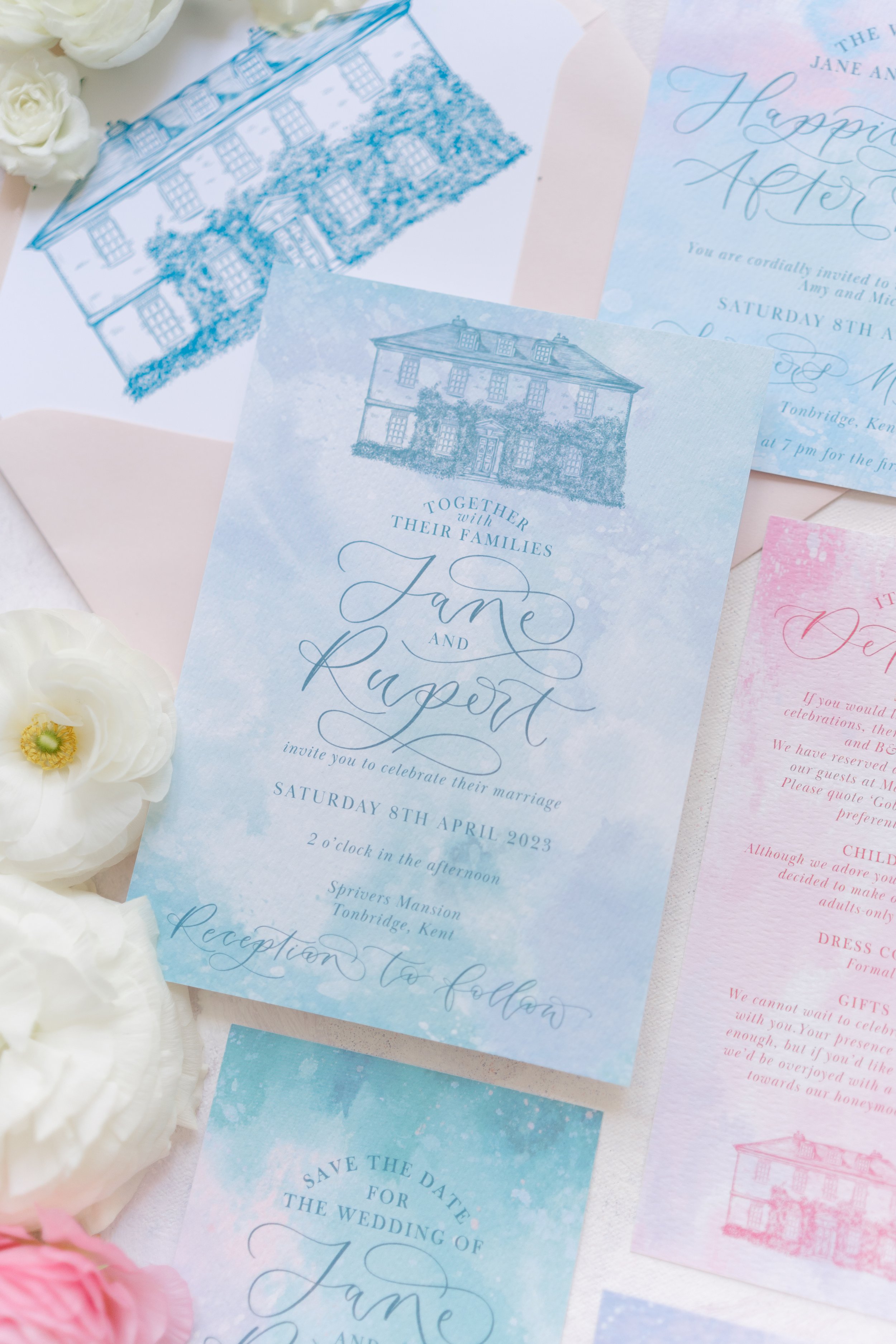 The Amyverse - pastel invitation set with invite, details card, rsvp card with pastel watercolour washes and venue illustration of sprivers mansion - Teal invitation.jpg