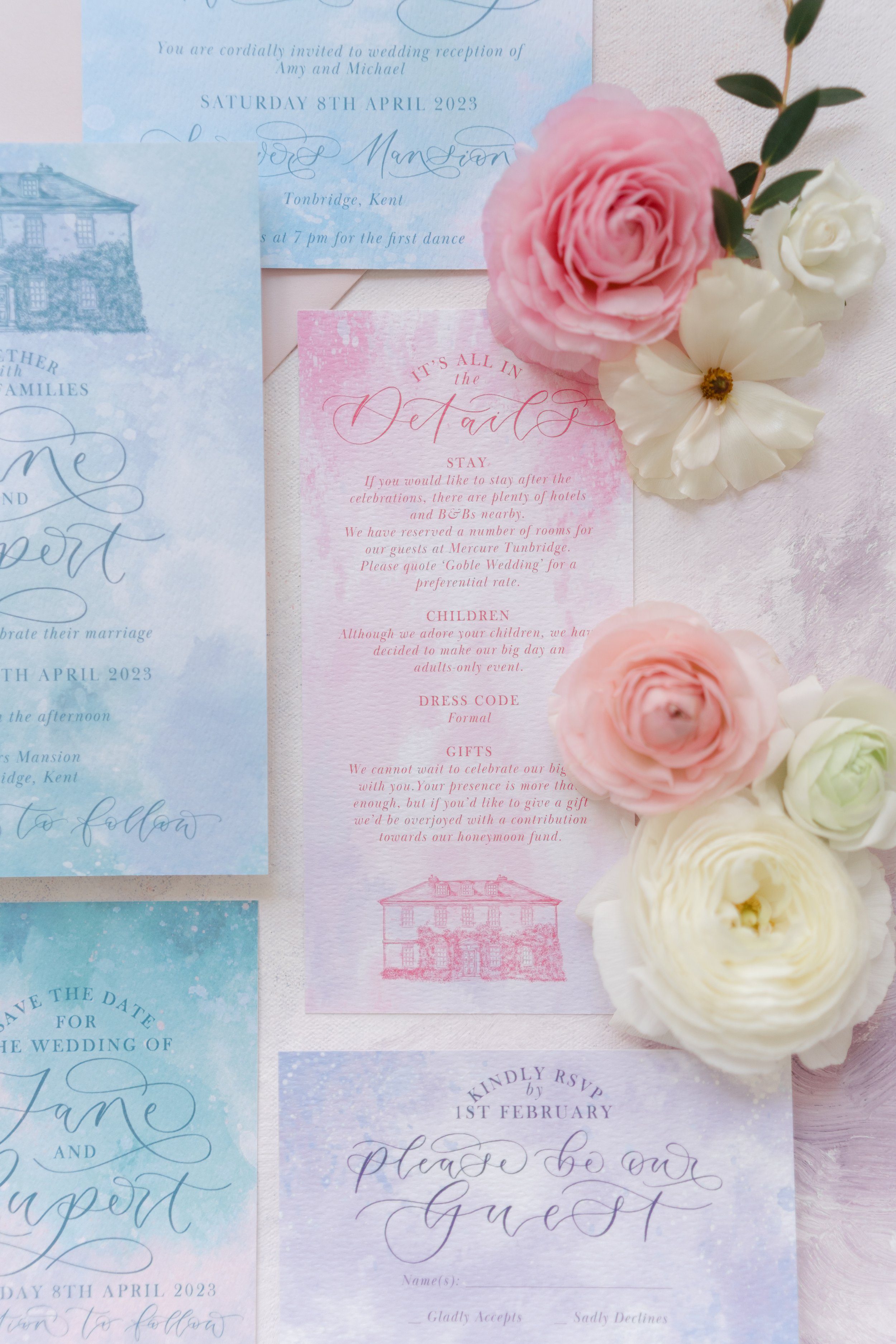 Details card - The Amyverse - pastel invitation set with invite, details card, rsvp card with pastel watercolour washes and venue illustration of sprivers mansion.jpg