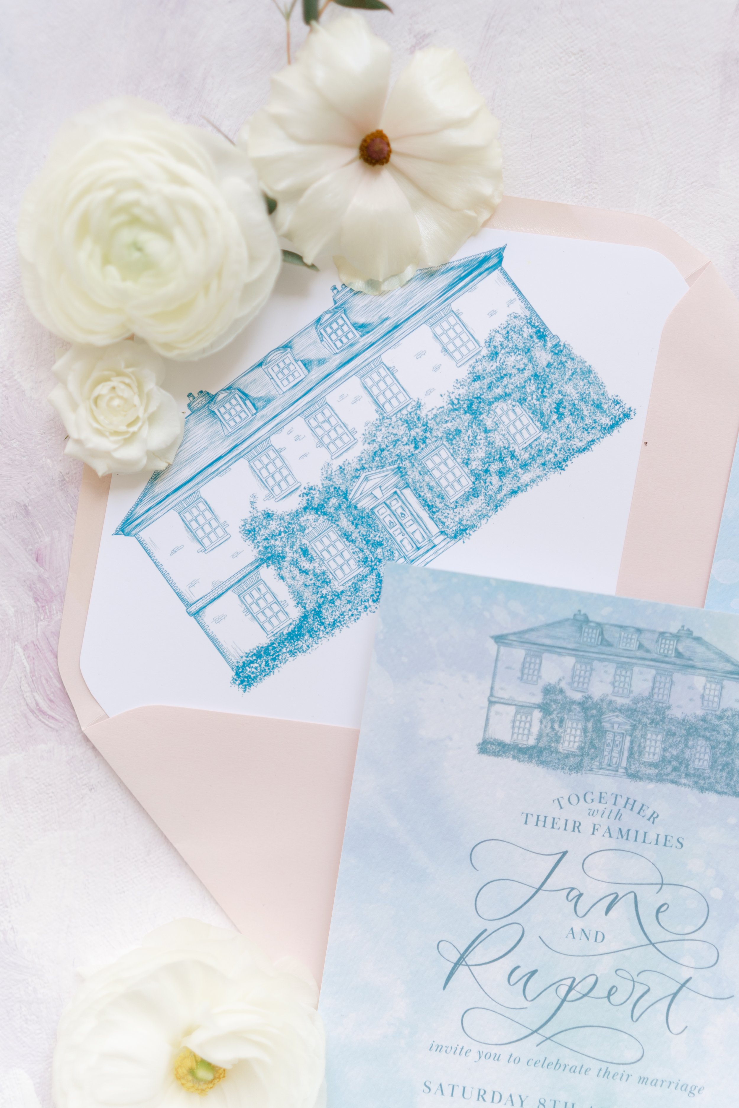 Envelope liner with venue illustration of sprivers mansion - The Amyverse - Teal and pink wedding stationery - Pastel invitations.jpg