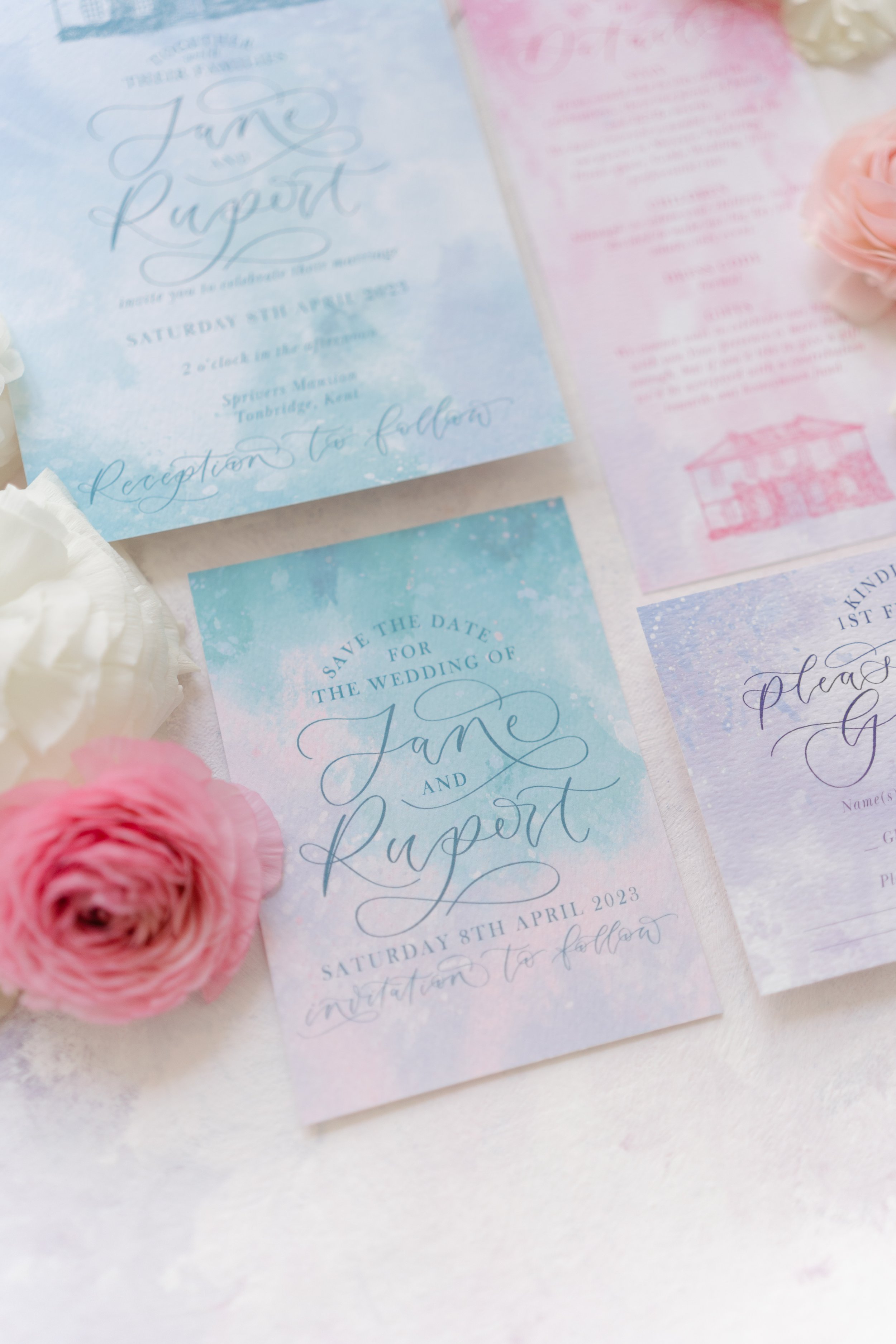 The Amyverse - Teal and pink save the date - pastel invitation set with invite, details card, rsvp card with pastel watercolour washes and venue illustration of sprivers mansion -.jpg