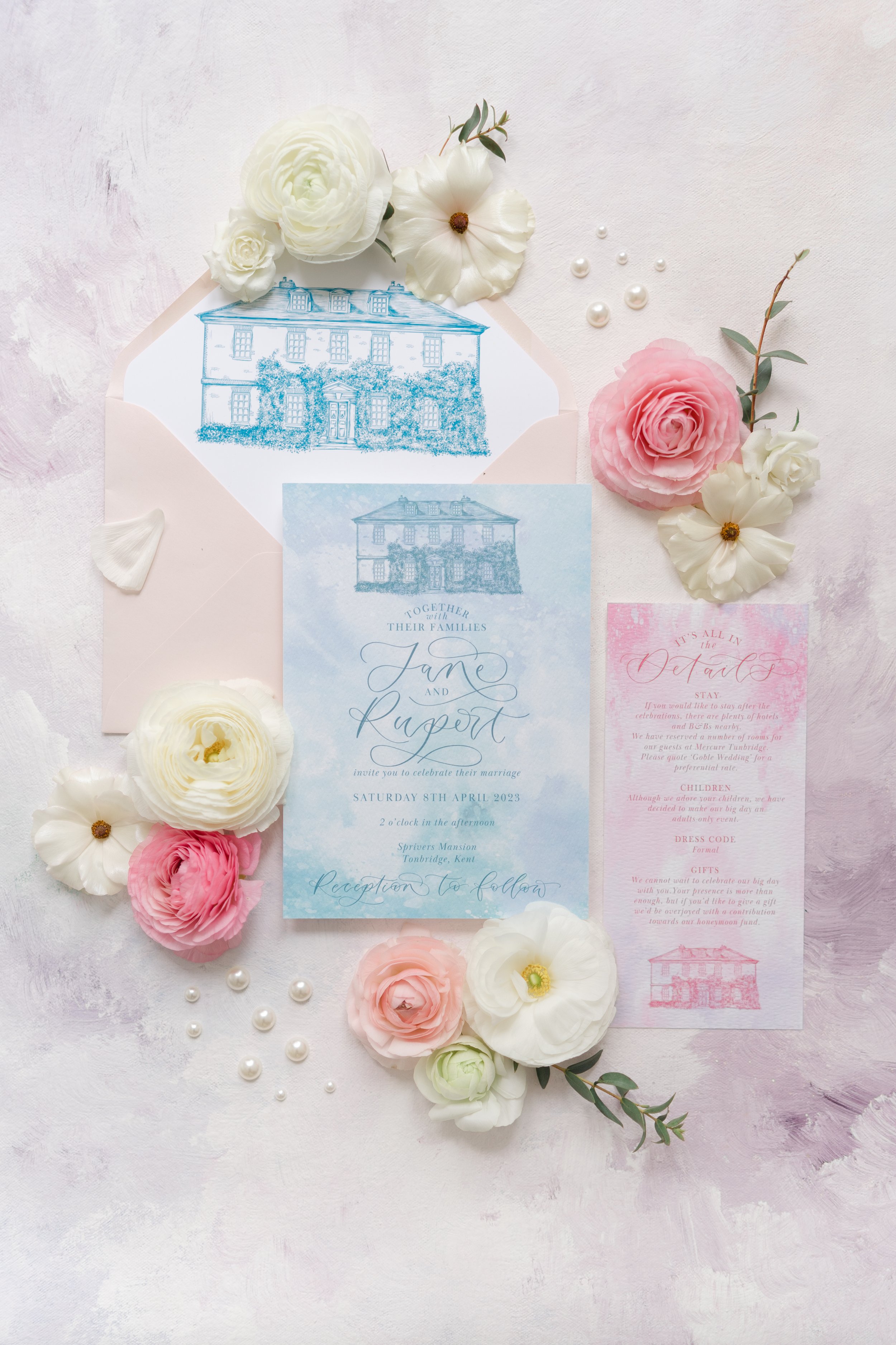 The Amyverse - pastel invitation set with invite, envelope liner  details card, rsvp card with pastel watercolour washes and venue illustration of sprivers mansion.jpg