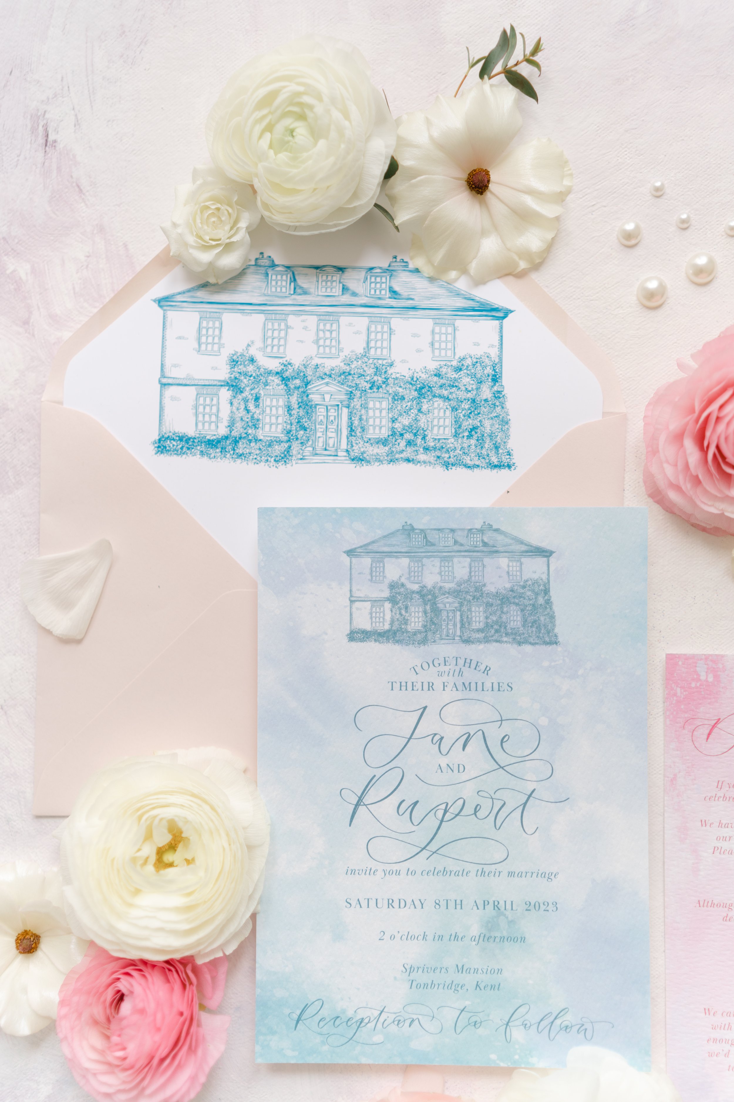 The Amyverse - pastel invitation set with invite, details card, rsvp card with pastel watercolour washes and venue illustration of sprivers mansion - envelope liner with venue drawing.jpg