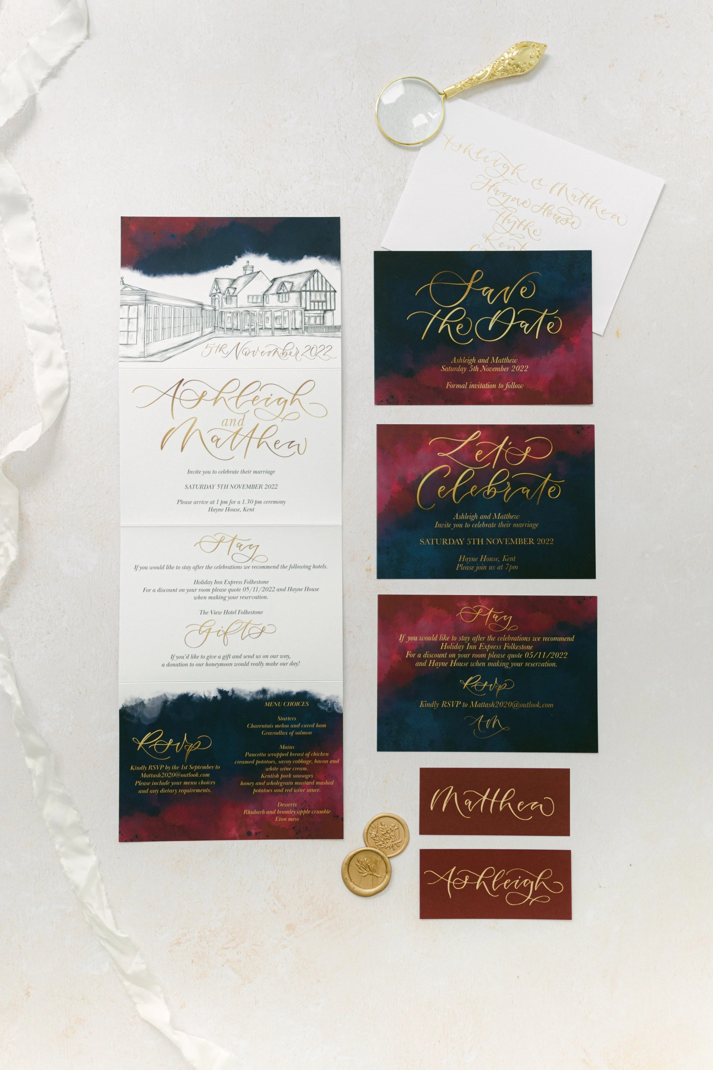 Concertina fold invitation - hayne house wedding venue with navy and burgundy watercolour  and gold calligraphy by The Amyverse