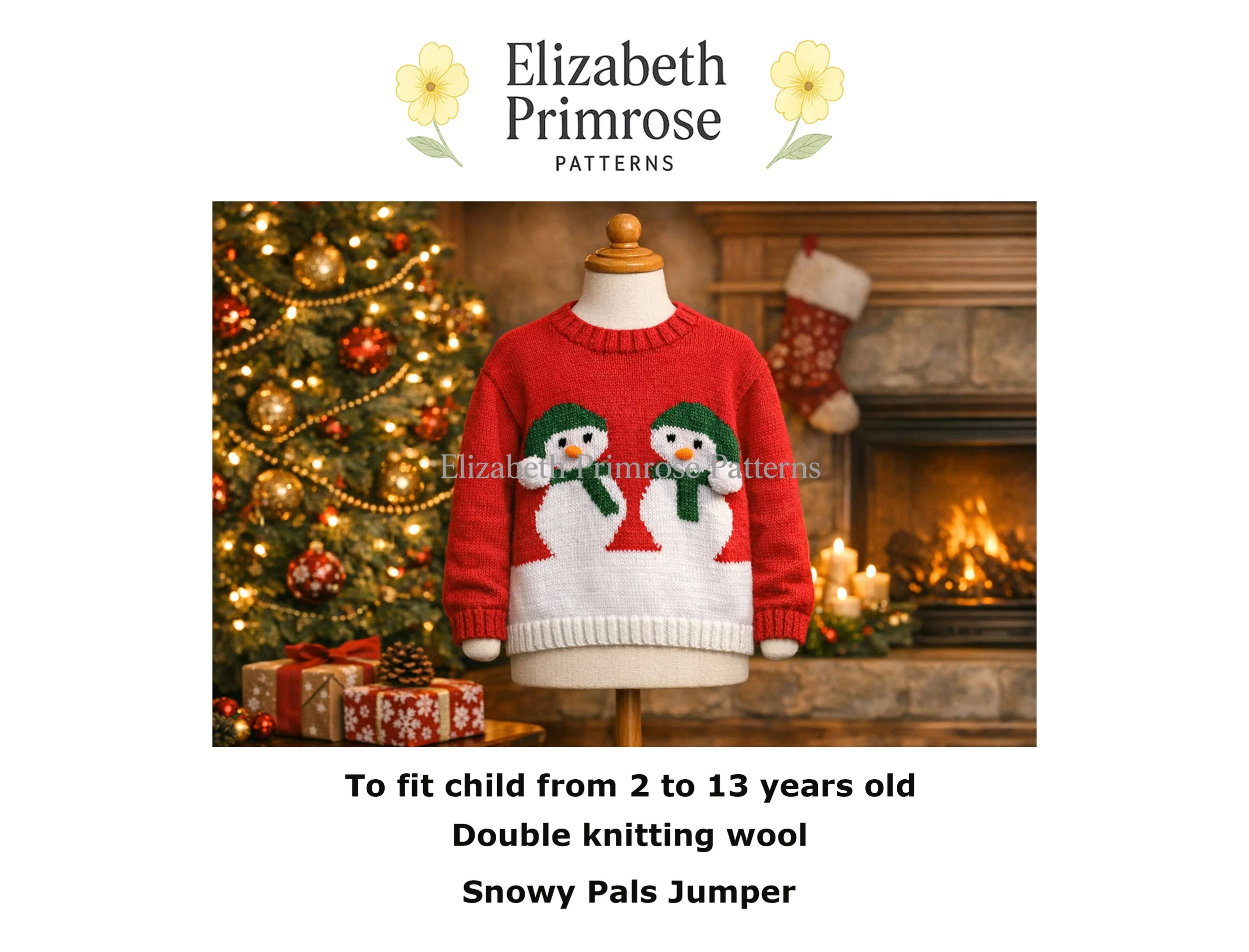 Children’s red knitted jumper featuring two snowmen with green hats and scarves on the front, displayed on a wooden mannequin in a cosy Christmas setting.