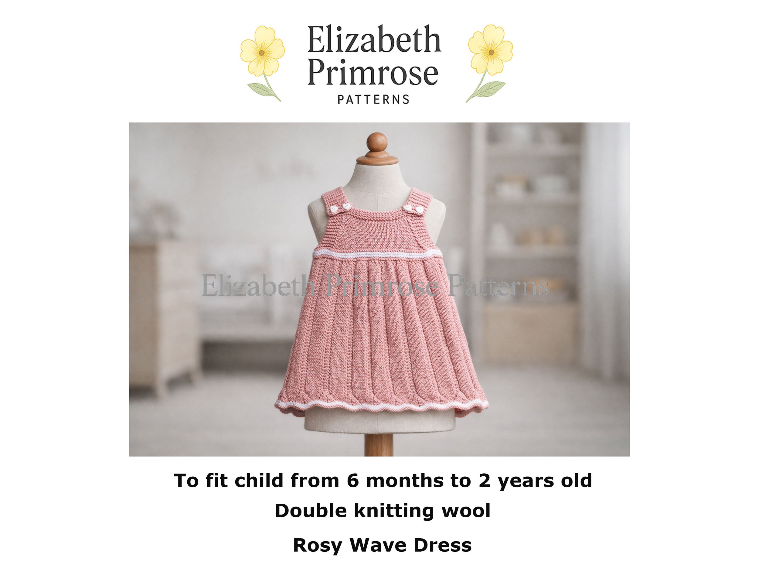 Hand knitted pink baby pinafore dress on a child’s mannequin, showing crisp stitch detail and wavy hem in a soft, minimalist room.