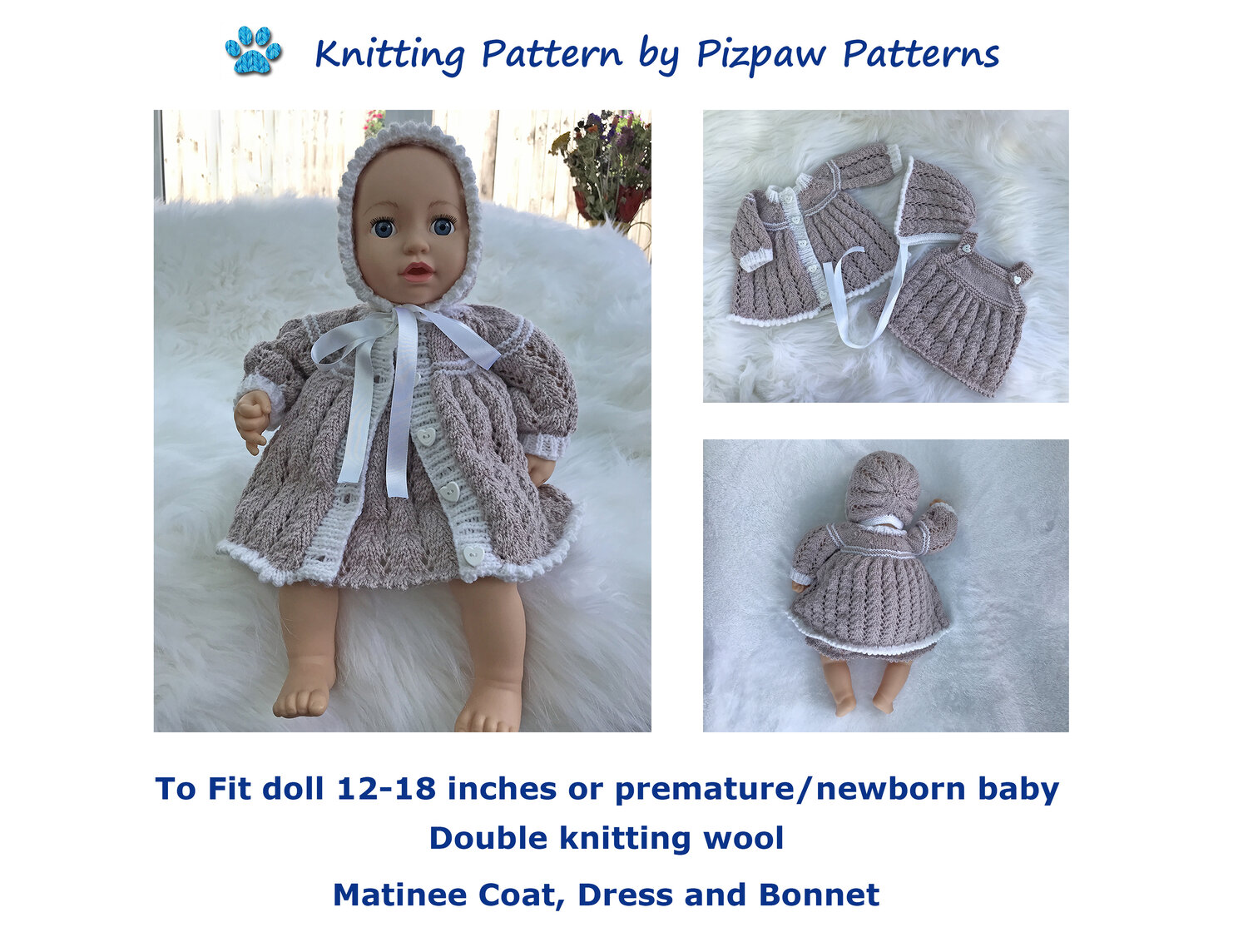 #143 Doll Prem Baby Girl Boys H12" Playsuit & 2x Outfits DK Knitting Pattern 