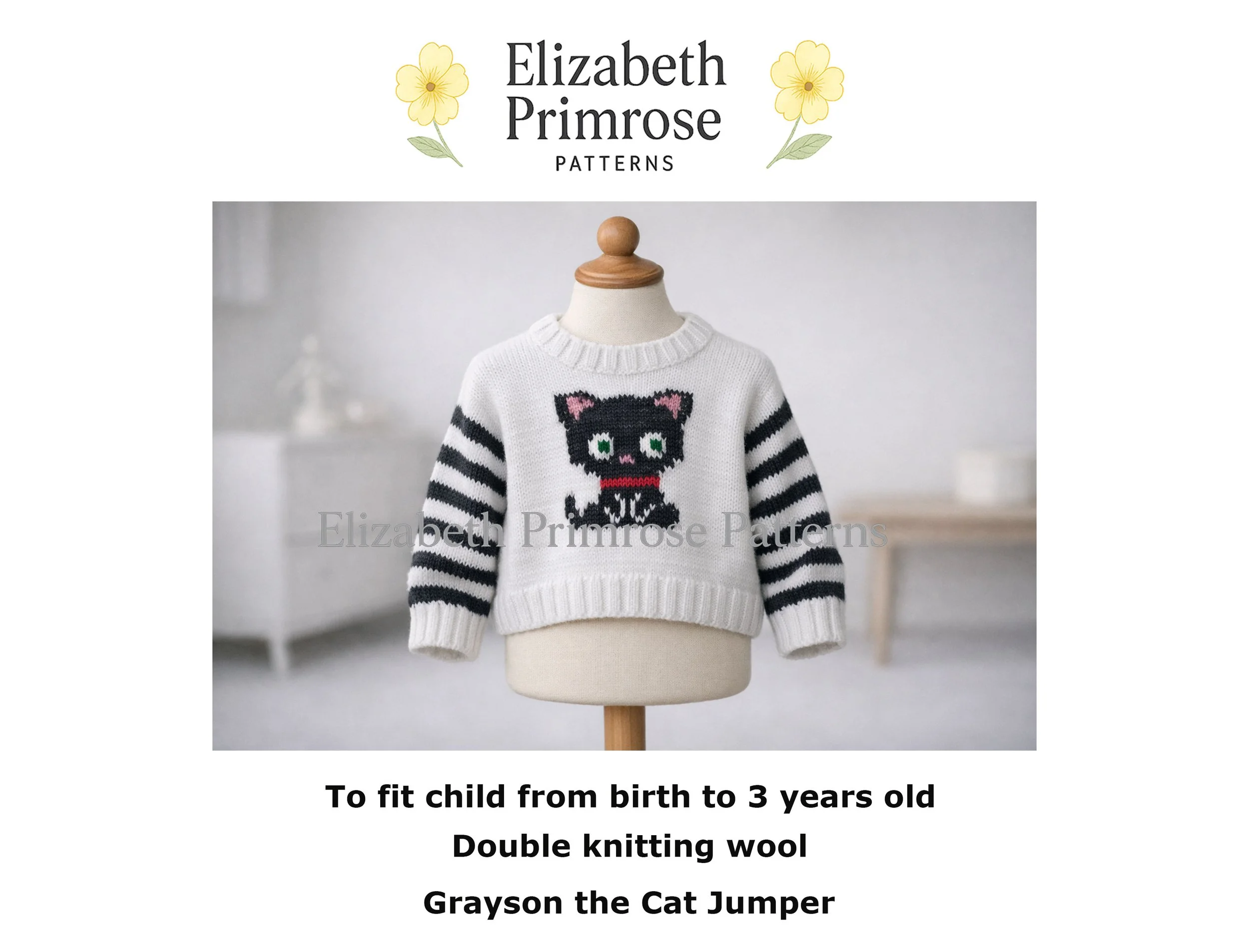 Hand knitted children’s jumper on a wooden mannequin, featuring a grey cat motif and striped sleeves in a softly blurred minimalist nursery background.