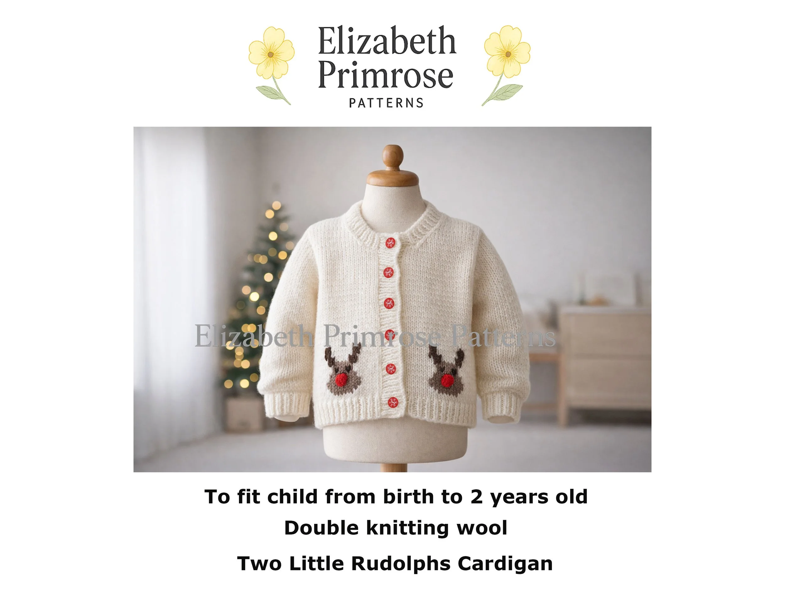 Cream knitted baby cardigan on a wooden mannequin, featuring two Rudolph motifs with red noses and snowflake buttons in a softly lit festive room.