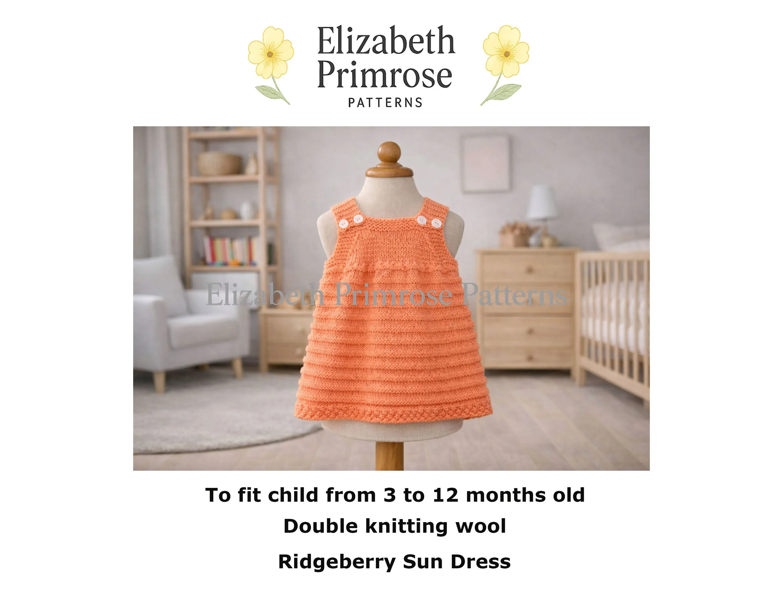 Hand‑knitted baby pinafore dress on a fabric mannequin with textured ridges and bobble hem in a softly lit nursery setting.