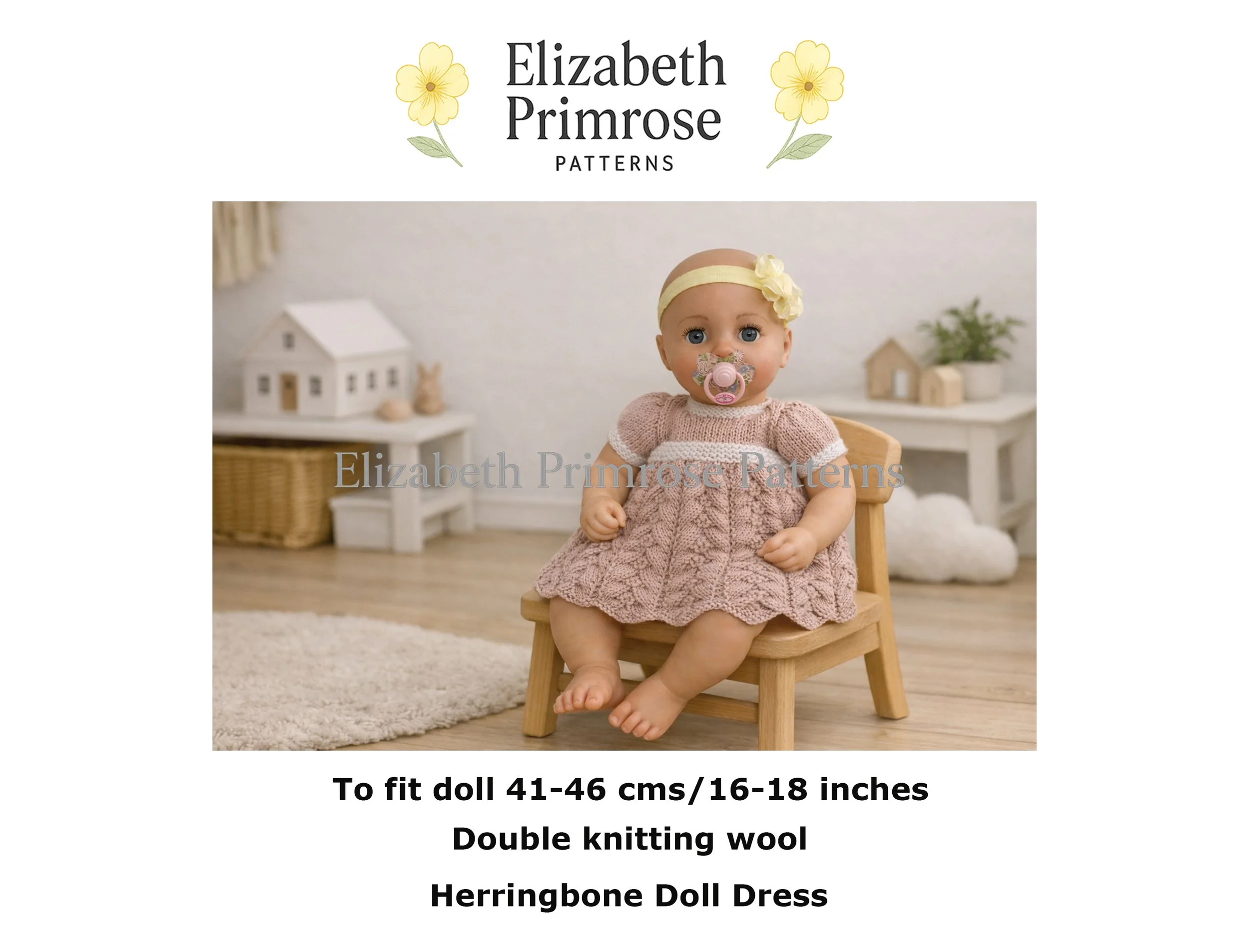 Pink herringbone doll dress with wavy hem and garter stitch trims displayed on a doll in a miniature Scandinavian room, knitting pattern