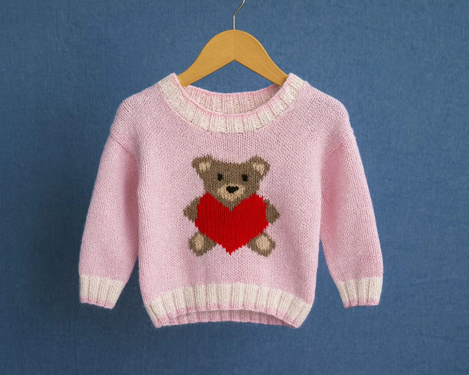 teddy bear jumper knitting pattern for children, baby and toddlers.  Love heart teddy bear motif, double knitting wool, shoulder opening, easy to knit by Elizabeth Primrose Patterns.