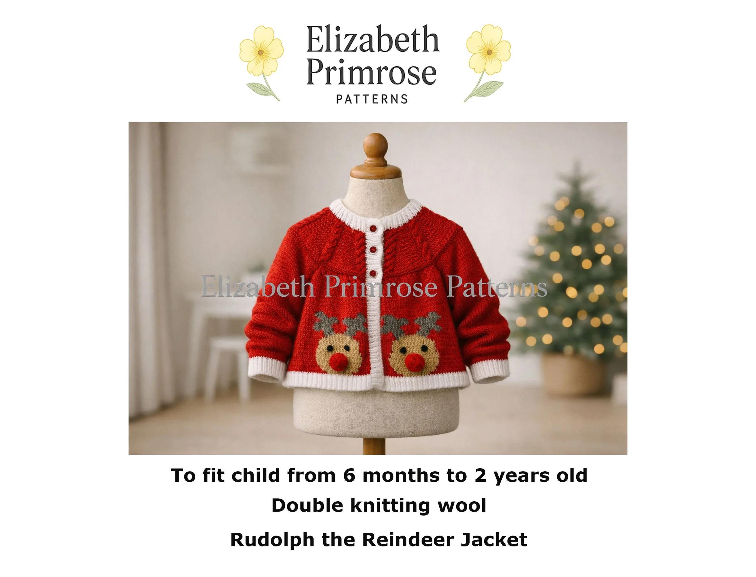 Red children’s Christmas cardigan on a mannequin, featuring two Rudolph motifs and white rib trims, set against a softly blurred festive room with a lit Christmas tree.