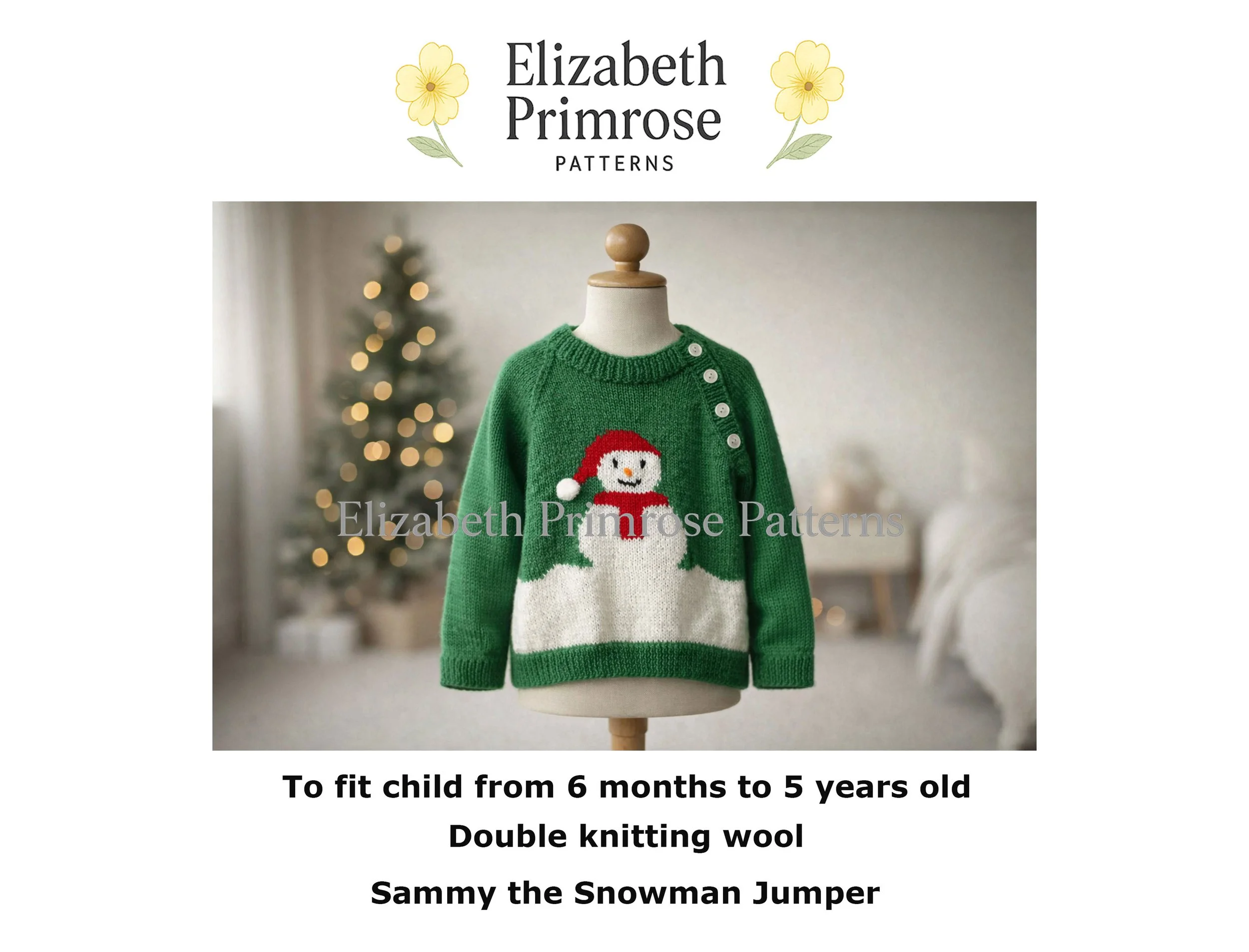 Green children’s knitted jumper on a mannequin featuring a snowman motif, side button opening, and soft festive background with blurred Christmas tree lights.
