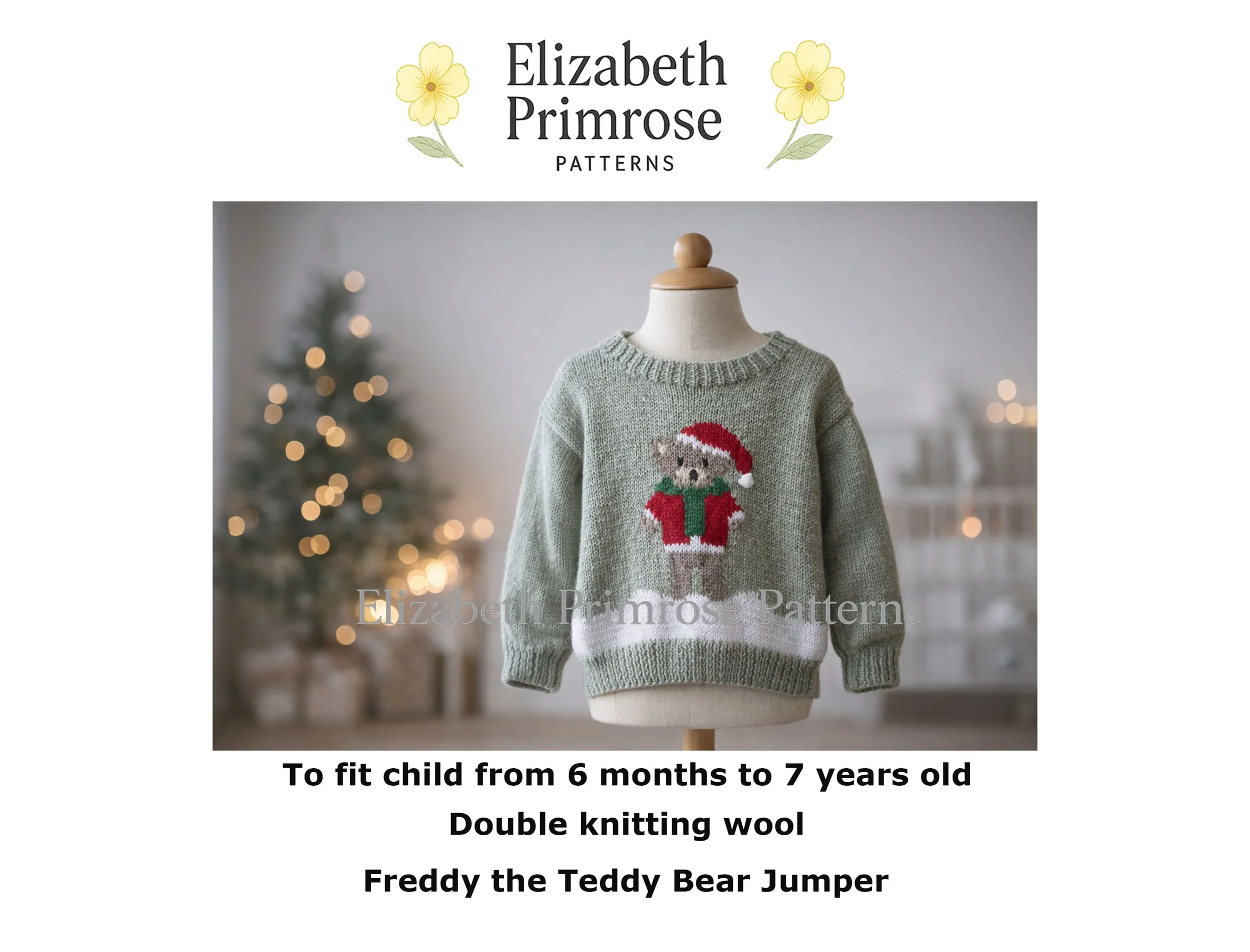 Hand‑knitted sage green children’s jumper featuring a teddy bear in a Santa outfit, displayed on a wooden mannequin in a softly lit Scandinavian nursery.