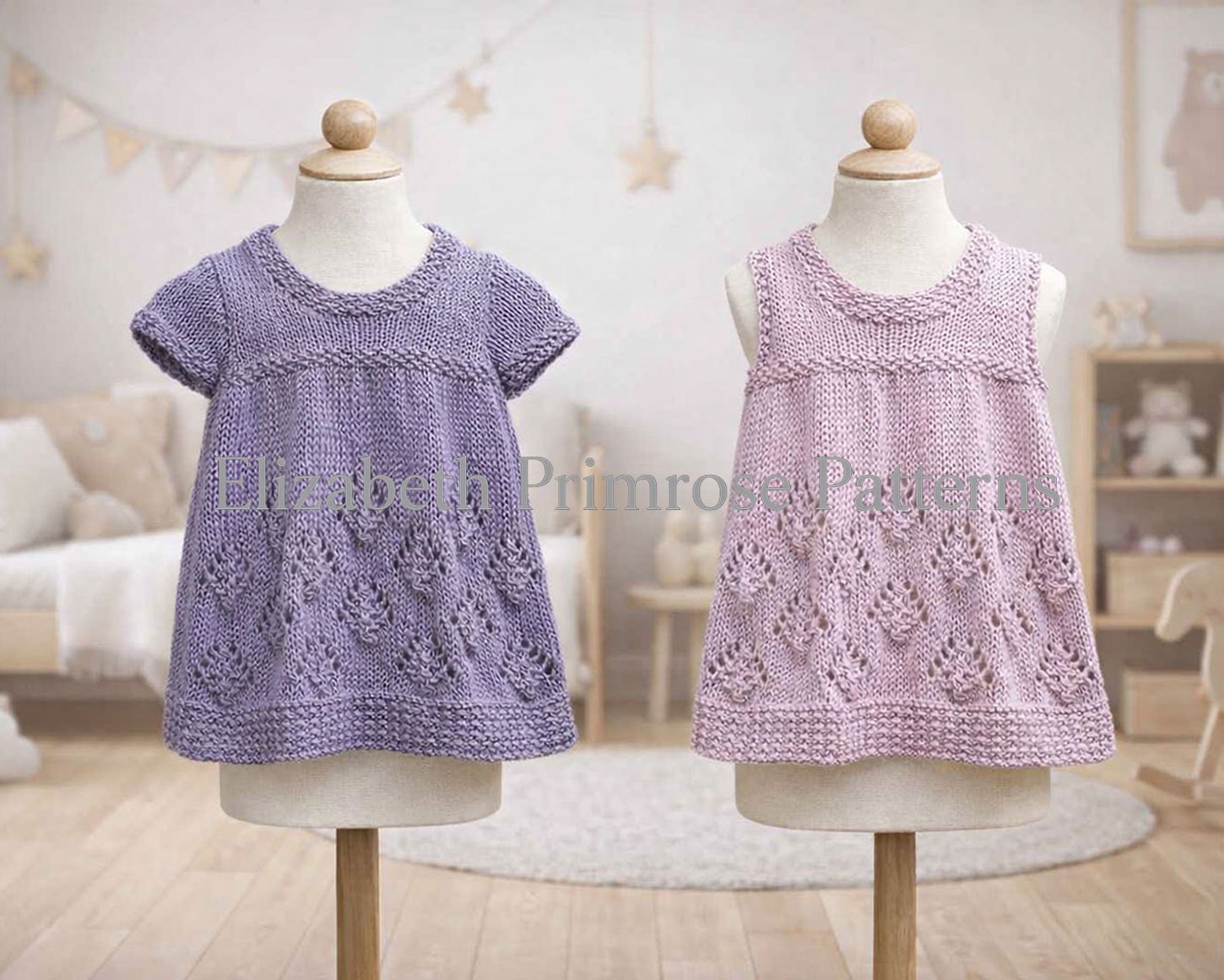 Two hand knitted lavender and pink children’s dresses on mannequins, featuring sand stitch hem and pine pattern to the skirt in a softly lit Scandinavian room.