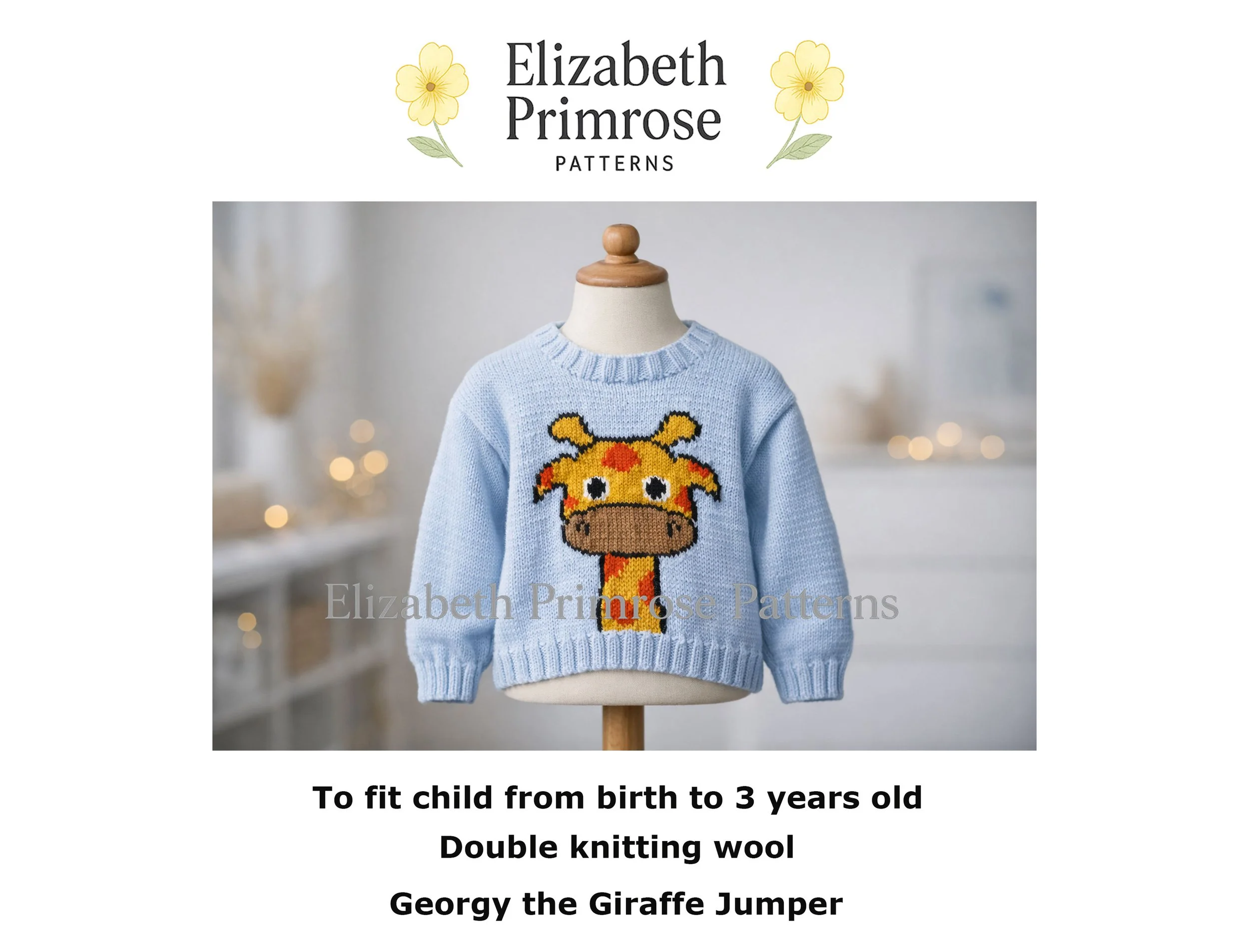 Light blue baby jumper on a mannequin featuring an intarsia giraffe motif, shown in a softly lit, warm indoor setting.