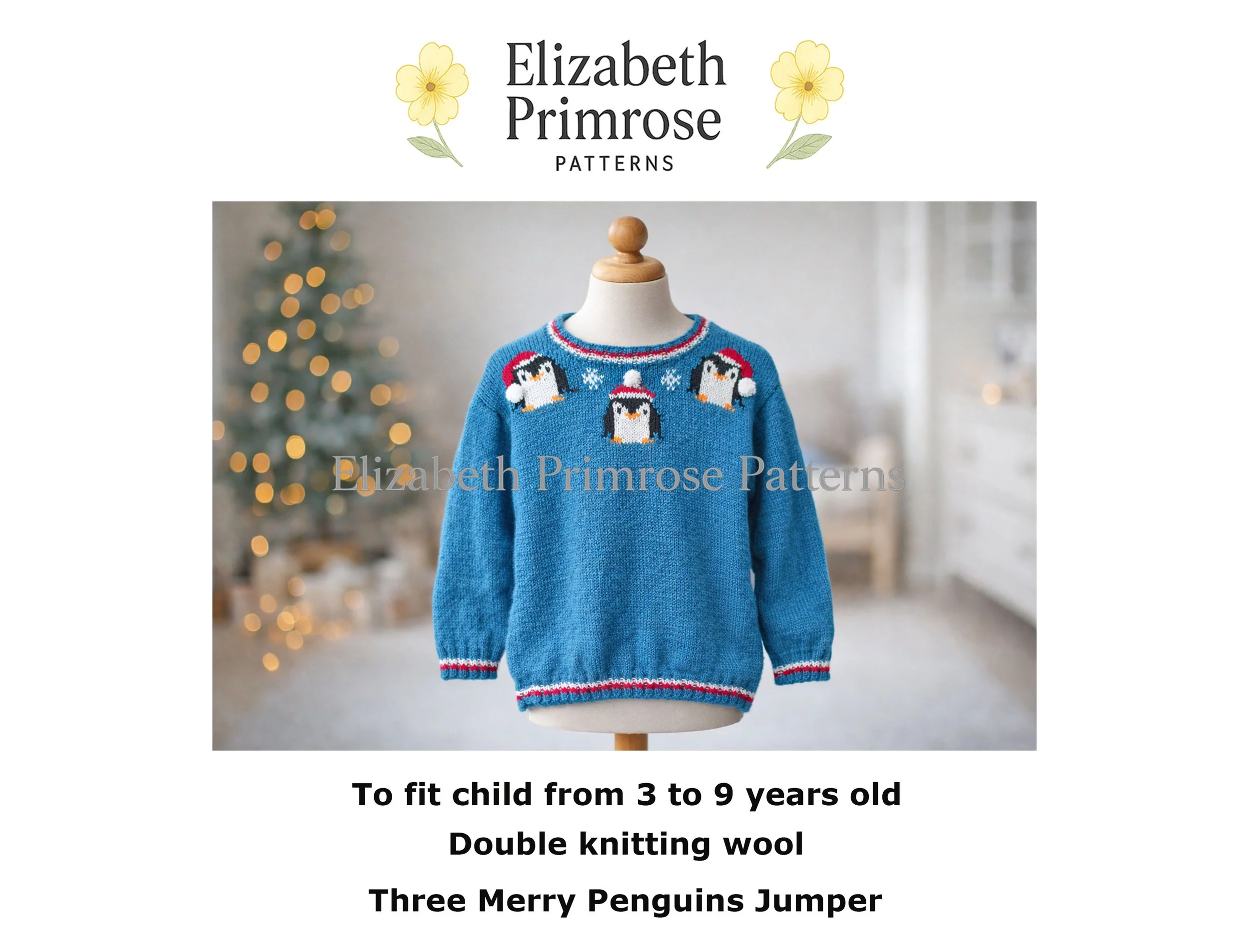 Blue children’s jumper with three Christmas penguins in Santa hats, displayed on a wooden mannequin against a softly blurred festive background.