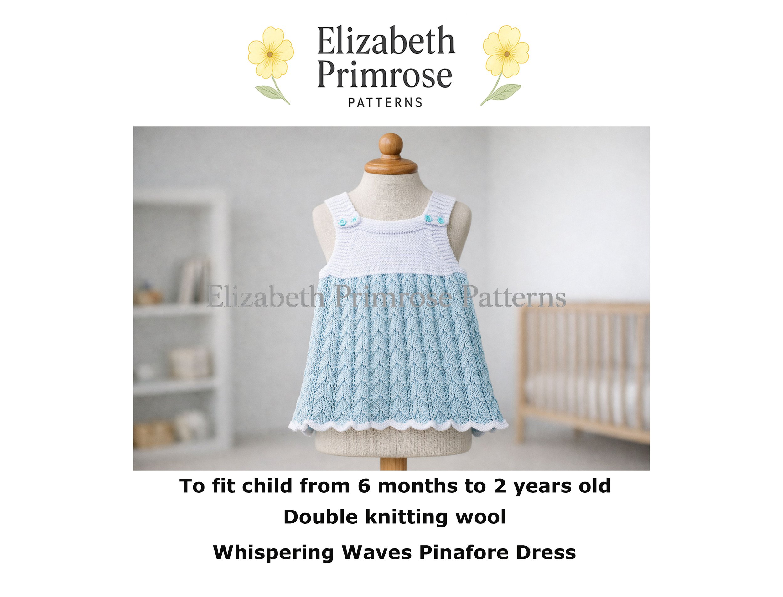 Knitted baby sundress on a child’s mannequin in a softly lit nursery with repeating wave skirt pattern and buttoned white bodice.