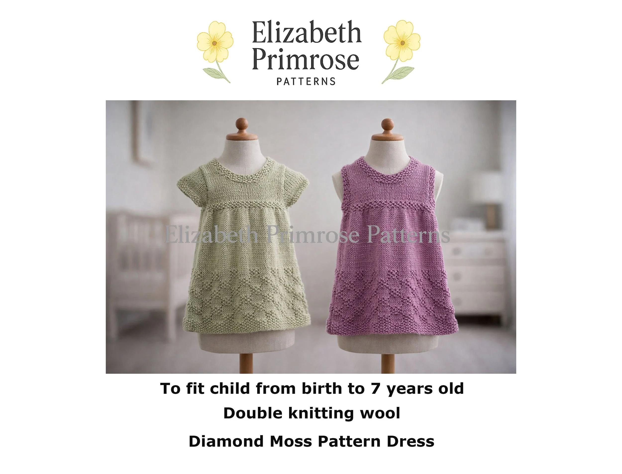 Softly lit studio photo of two hand‑knitted children’s dresses on mannequins, one short‑sleeved green and one sleeveless lilac, showing textured diamond moss stitch detail.