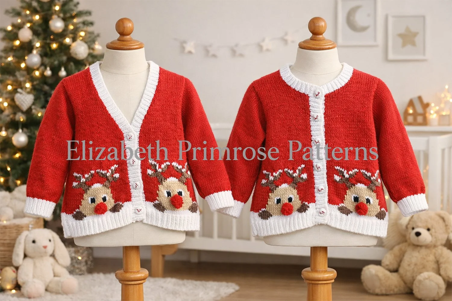 Red V‑neck and round‑neck children’s cardigans with Rudolph reindeer motifs, shown on wooden mannequins in a cosy Christmas nursery setting. Knitting pattern.