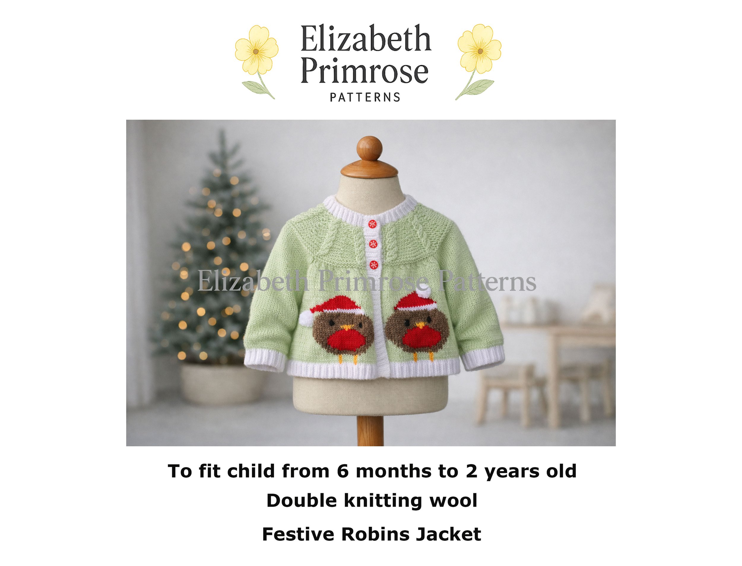 Light green baby cardigan with four festive robin motifs on a child’s mannequin, shown in a softly blurred Scandinavian Christmas room.