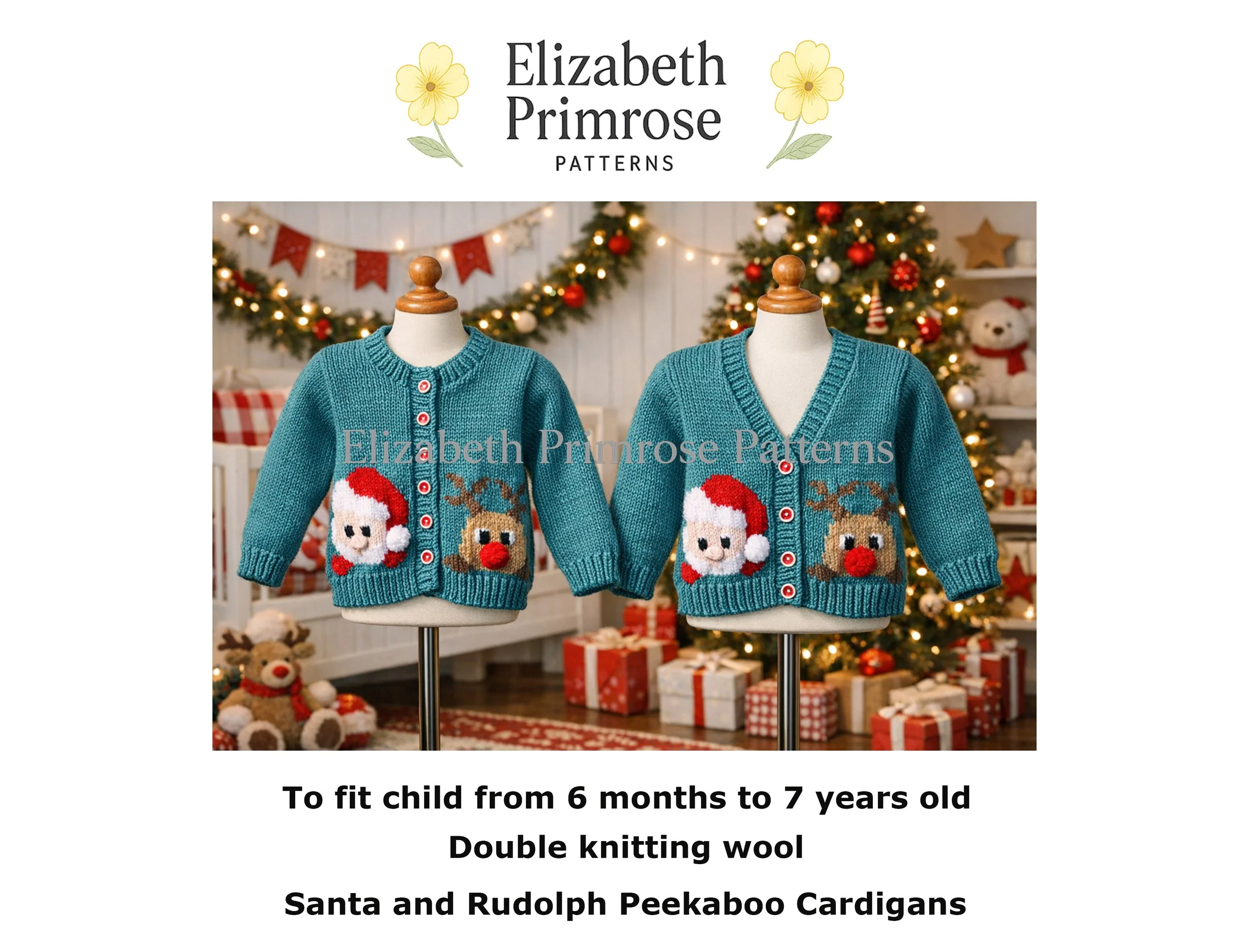 Santa and Rudolph Peekaboo Cardigans Knitting Pattern P107