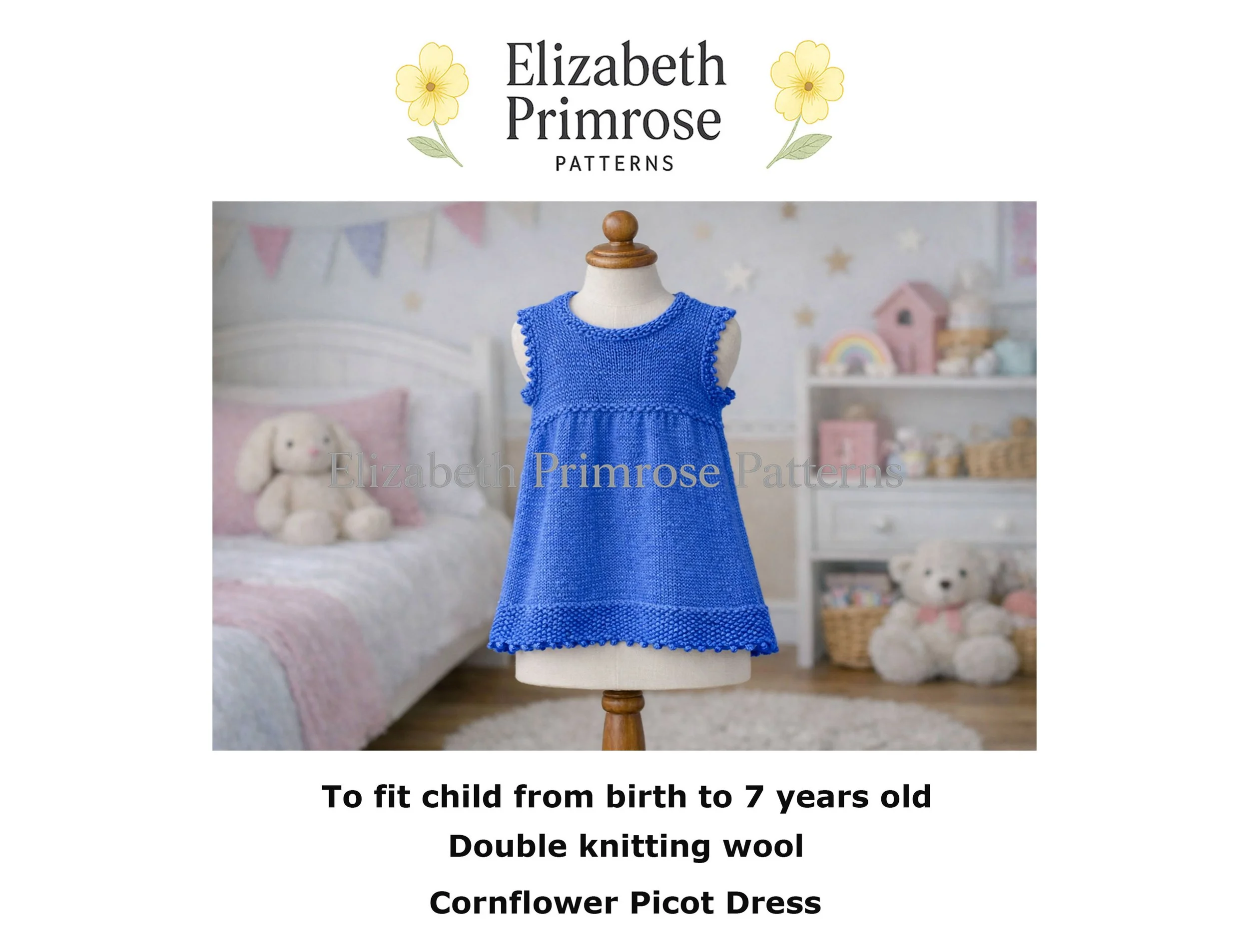 Blue hand‑knitted children’s dress displayed on a wooden mannequin in a softly lit nursery setting.