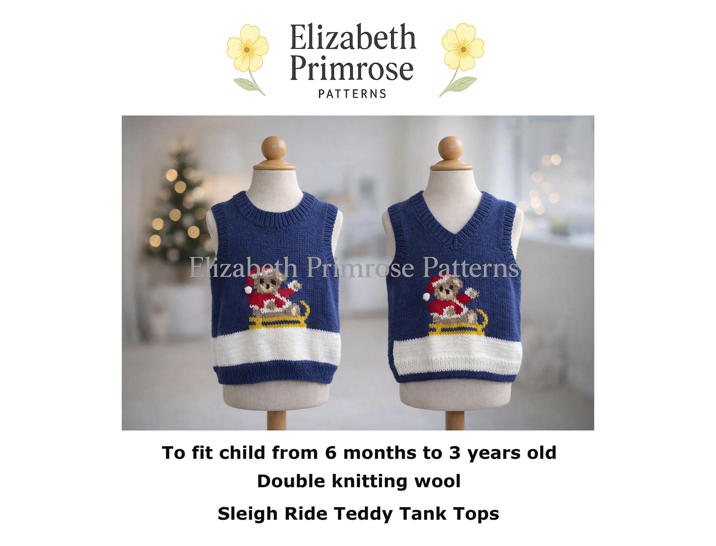 Two navy children’s tank tops with teddy bear sleigh motifs displayed on mannequins in a softly lit Scandinavian Christmas room.
