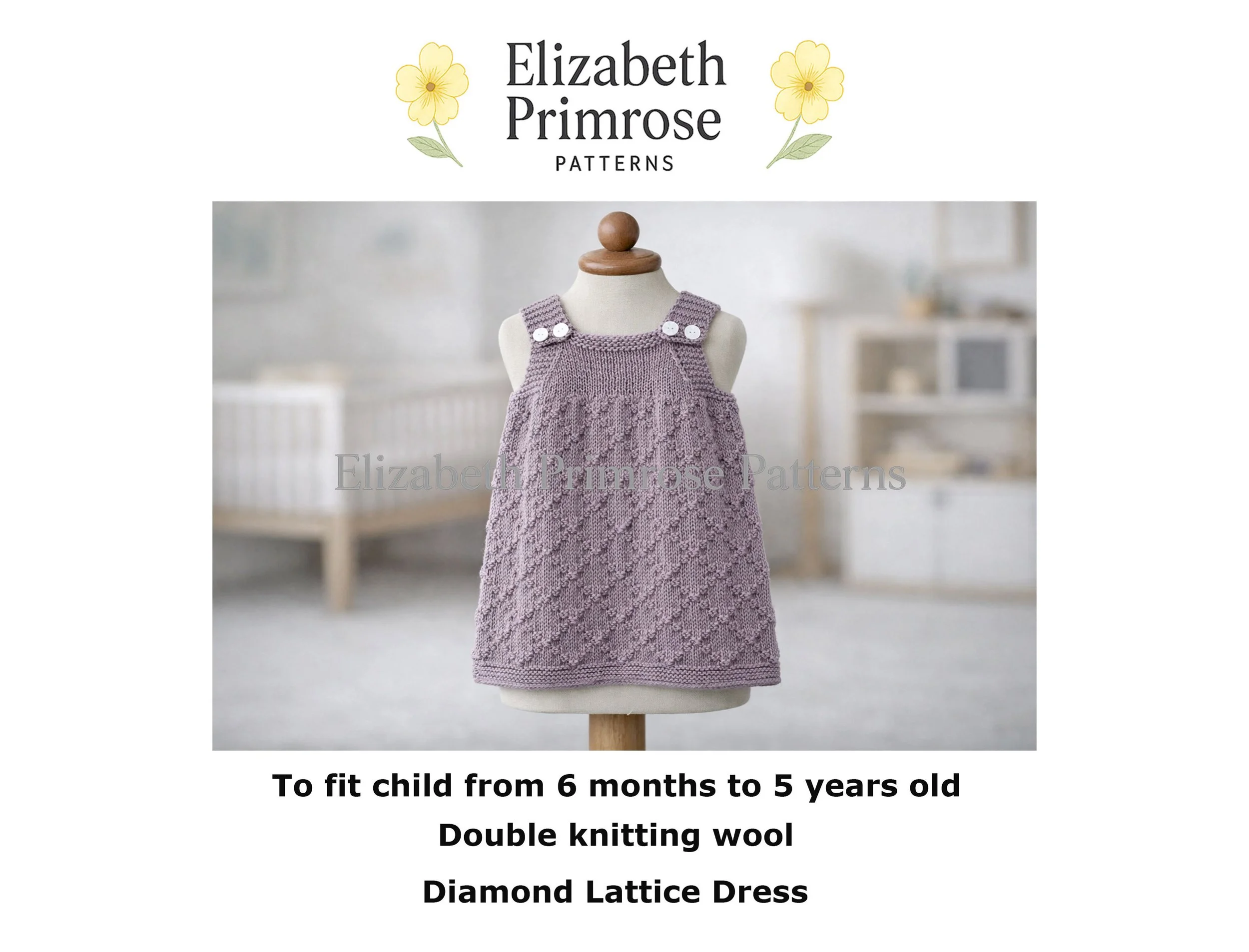 Lavender knitted pinafore dress with diamond texture and buttoned straps displayed on a child’s mannequin in a softly lit nursery. Knitting pattern by Elizabeth Primrose Patterns.
