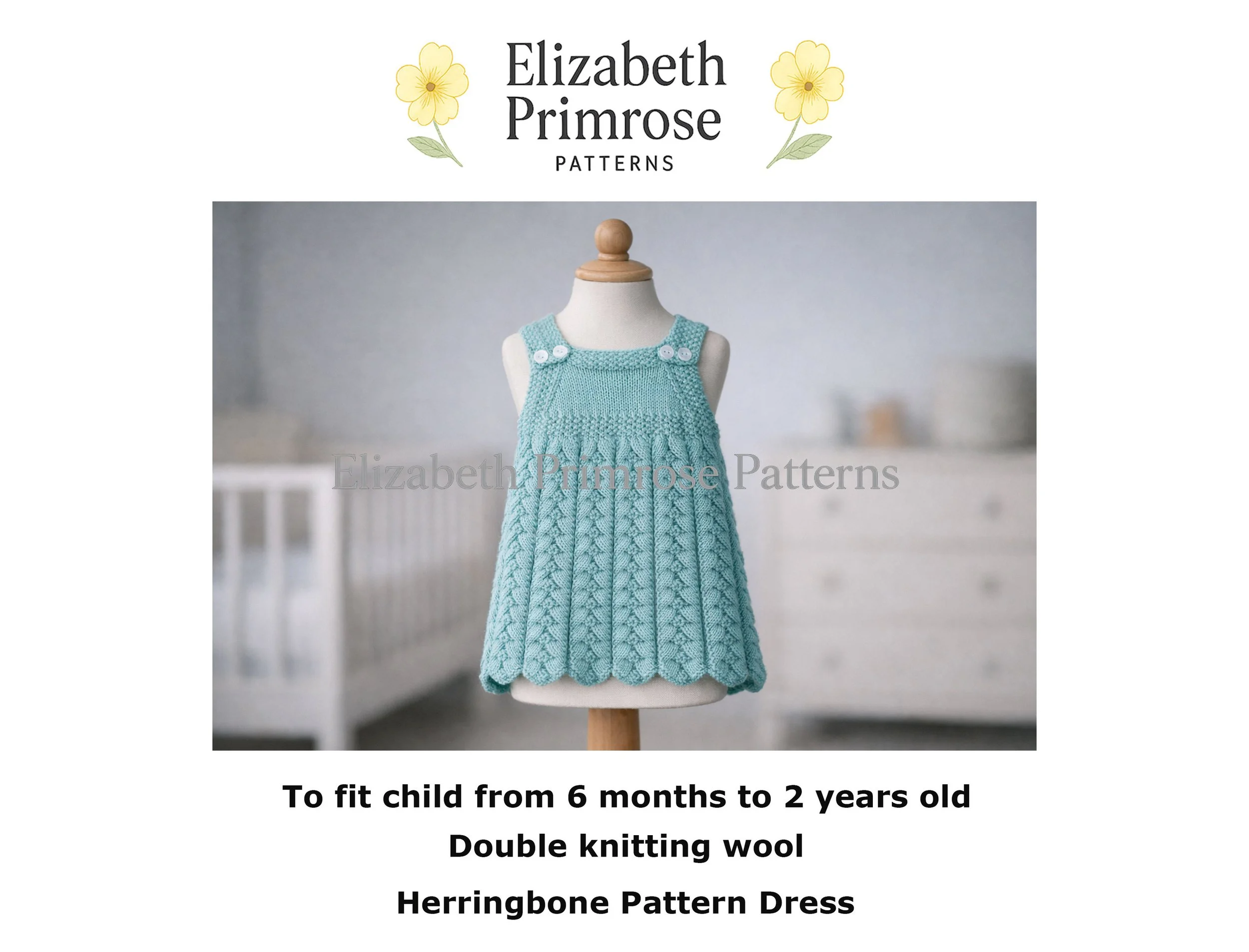 Light blue herringbone sundress with scalloped hem on a wooden mannequin in a soft nursery setting, knitting pattern.