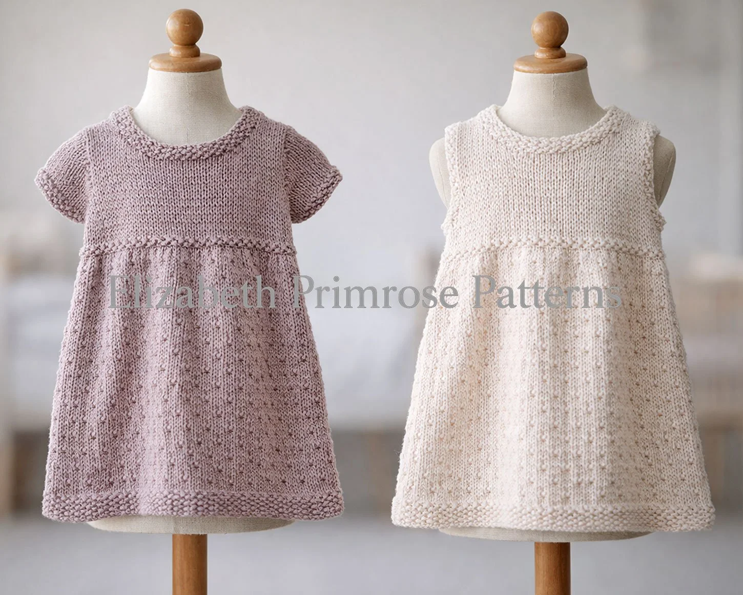 Mauve short‑sleeved and cream sleeveless knitted dresses displayed on mannequins, showing detailed stitch texture and soft diffused lighting in a Scandinavian‑style nursery setting.