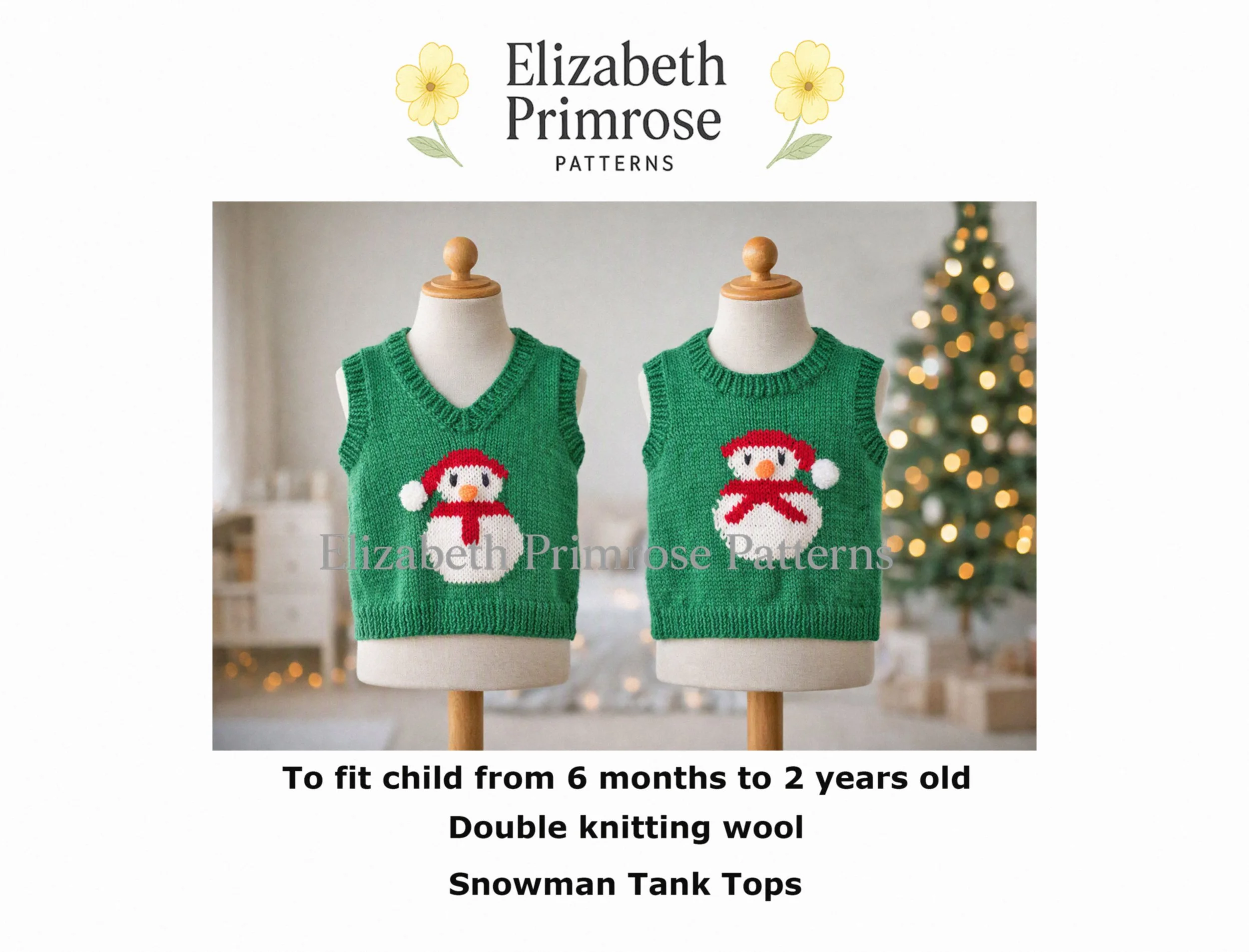 Snowman tank tops on mannequins with round and V neck options, shown in soft Christmas lighting with a blurred festive tree behind.