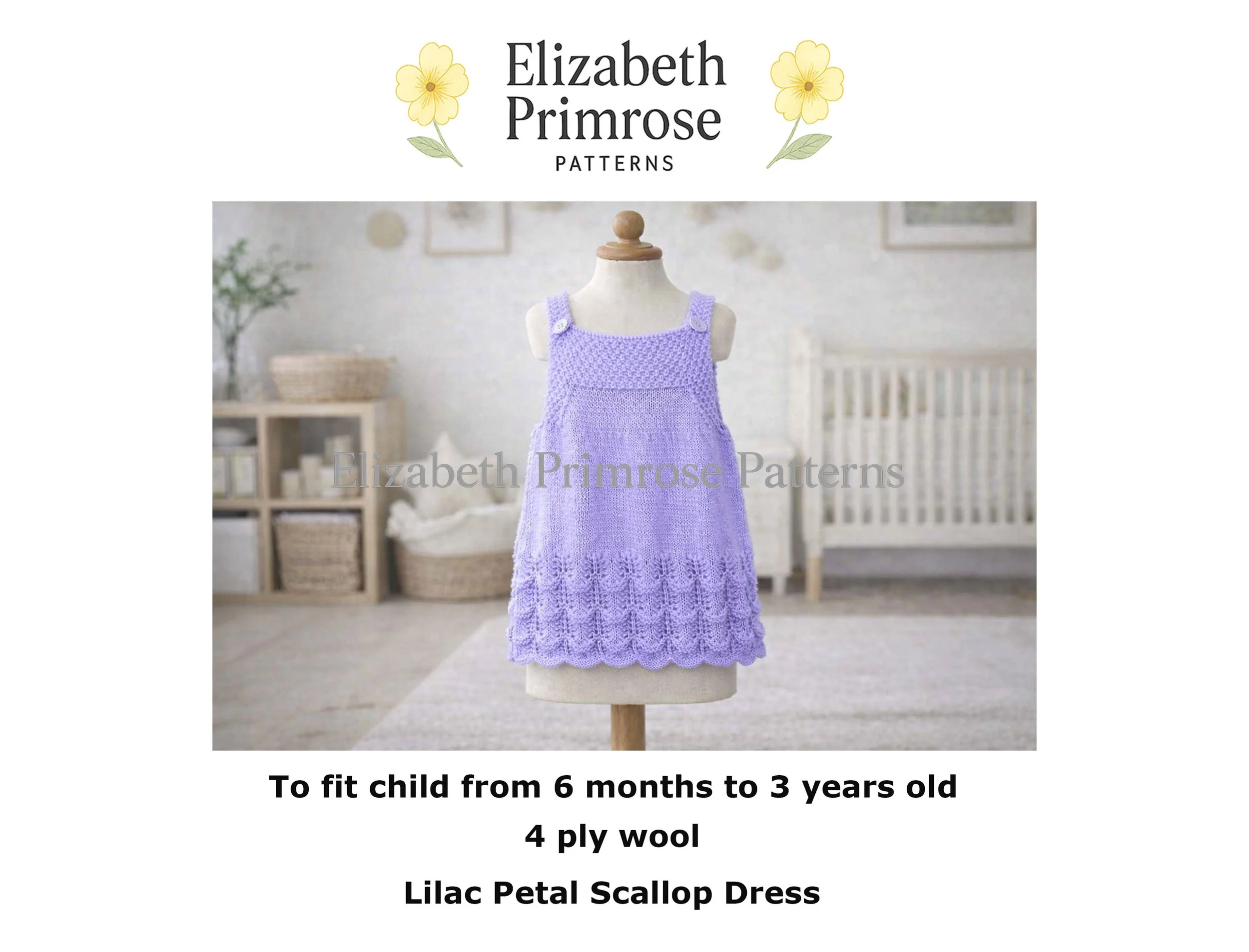 Lilac 4‑ply knitted baby dress with scalloped wavy hem displayed on a fabric mannequin in a soft nursery setting.