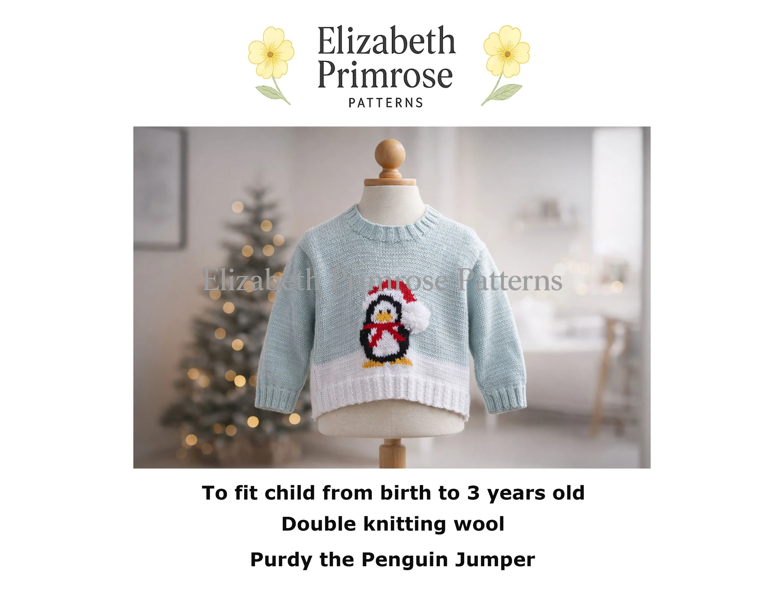 Light blue hand‑knitted children’s jumper with penguin and Santa hat design displayed on a mannequin in a softly lit Scandinavian room.