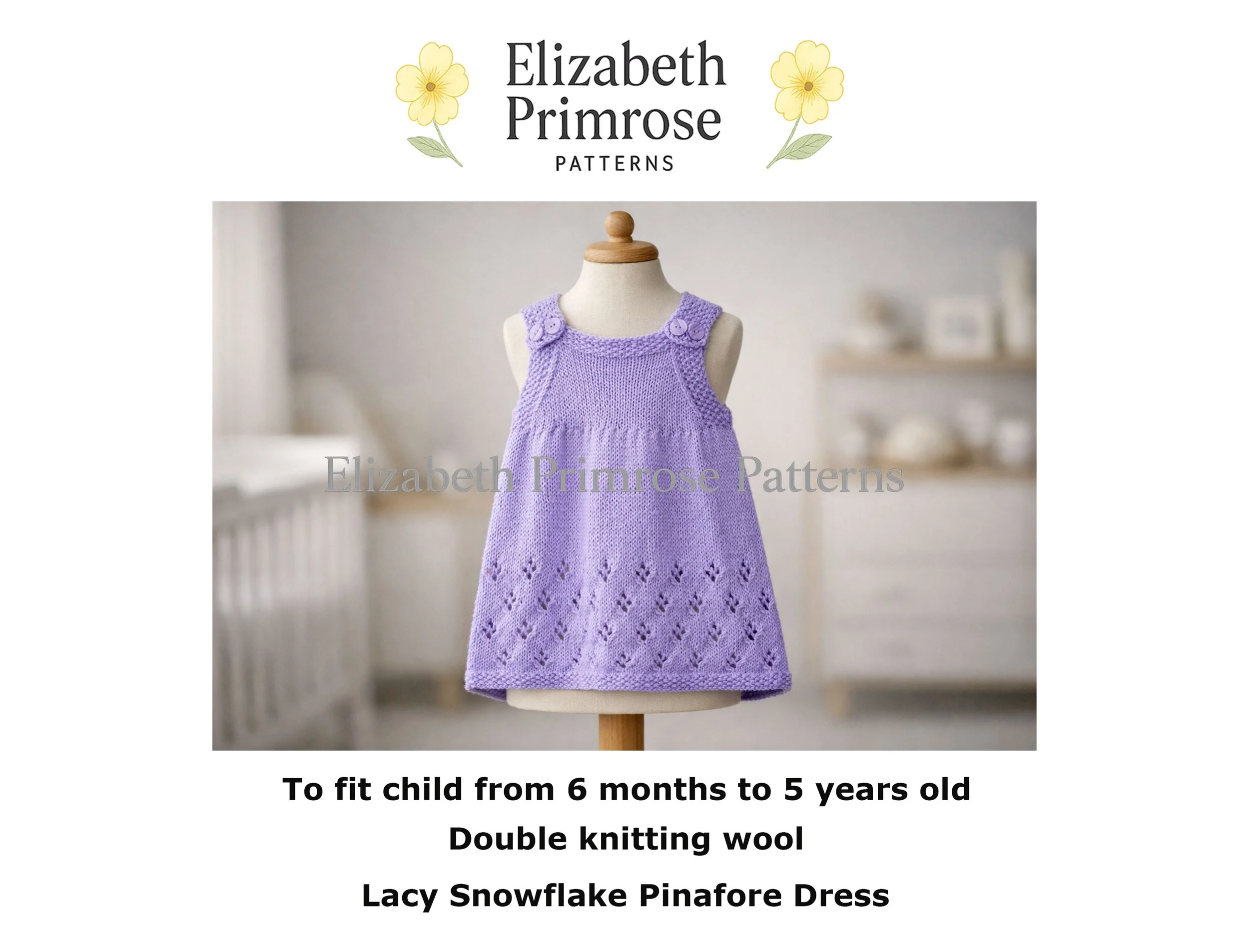 Lavender hand knitted baby pinafore dress on a mannequin, featuring buttoned straps, moss stitch edges, and a delicate lacy snowflake skirt pattern in soft daylight.
