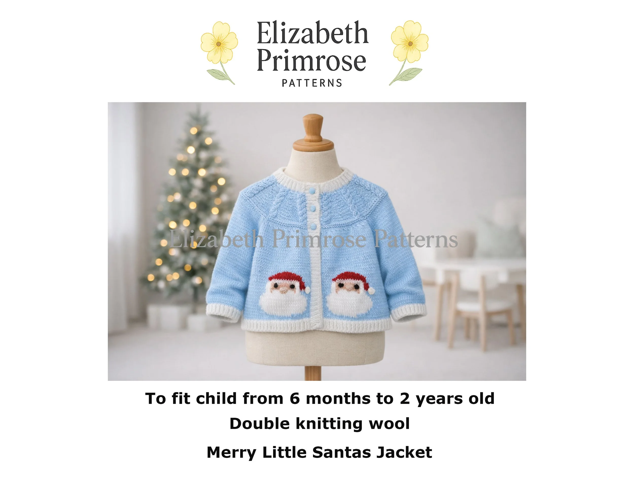Light blue baby cardigan on a mannequin with two Santa motifs, white trims, and a softly blurred Christmas tree in the background.