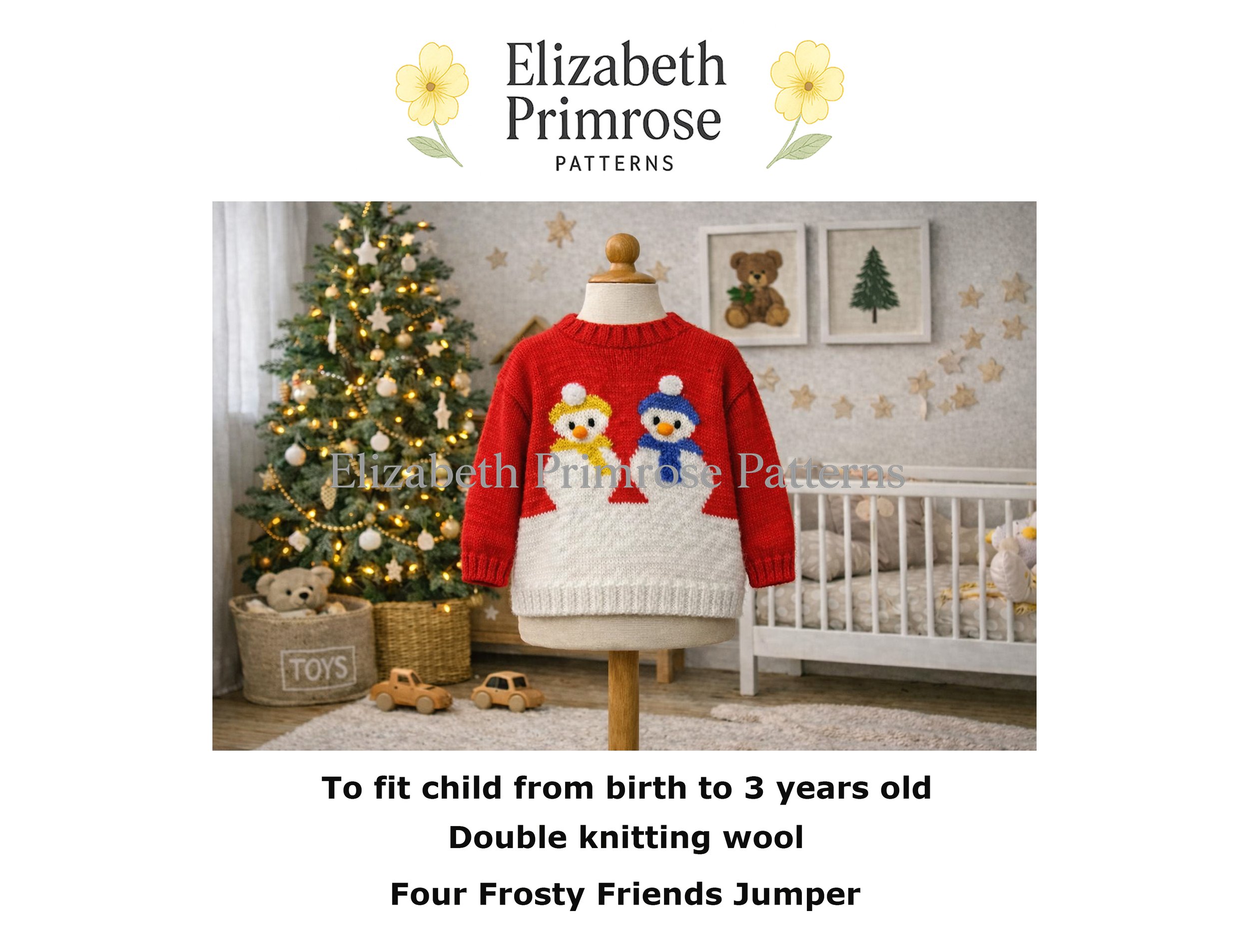 Red and white children’s jumper on a mannequin featuring two colourful snowmen, shown in a softly lit festive nursery with a Christmas tree and wooden toys.