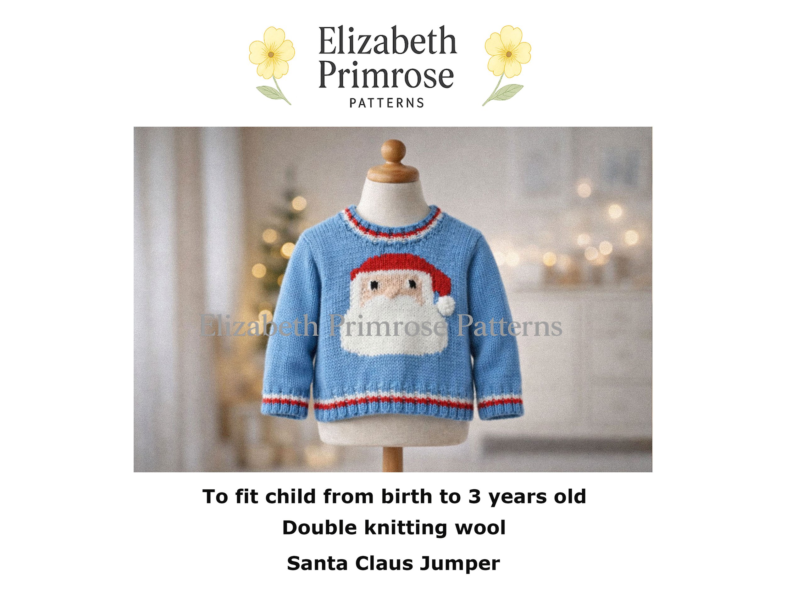 Front of a blue children’s Santa jumper on a mannequin, showing the bold intarsia Santa motif in a softly lit Christmas room.