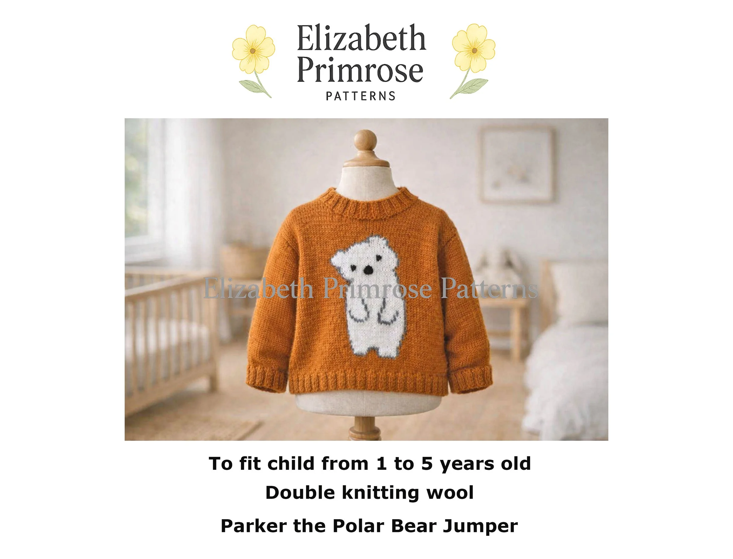 Burnt orange children’s jumper on a mannequin with a white bear motif, displayed in a softly lit nursery setting.