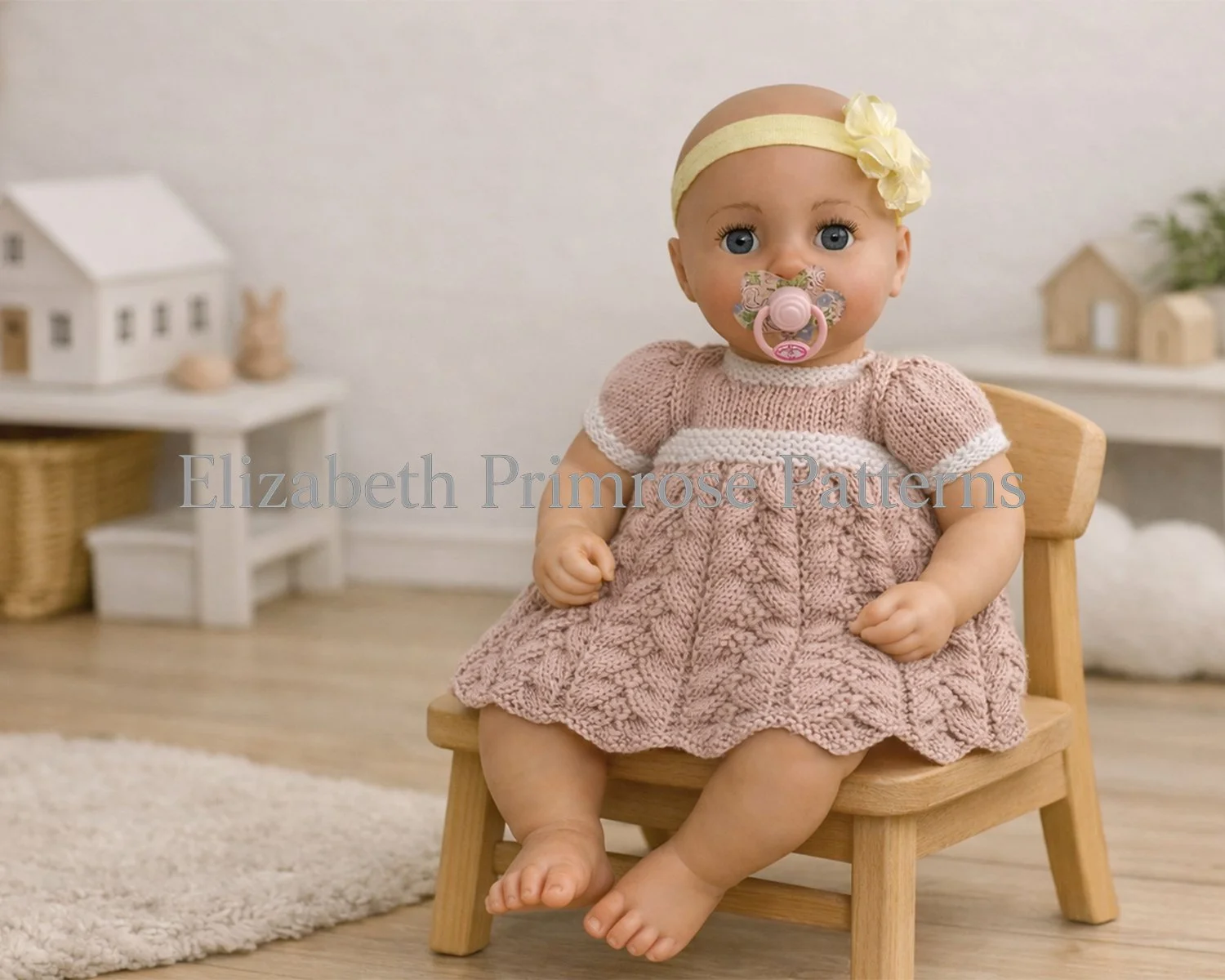 Pink herringbone doll dress with wavy hem and garter stitch trims displayed on a doll in a miniature Scandinavian room, knitting pattern